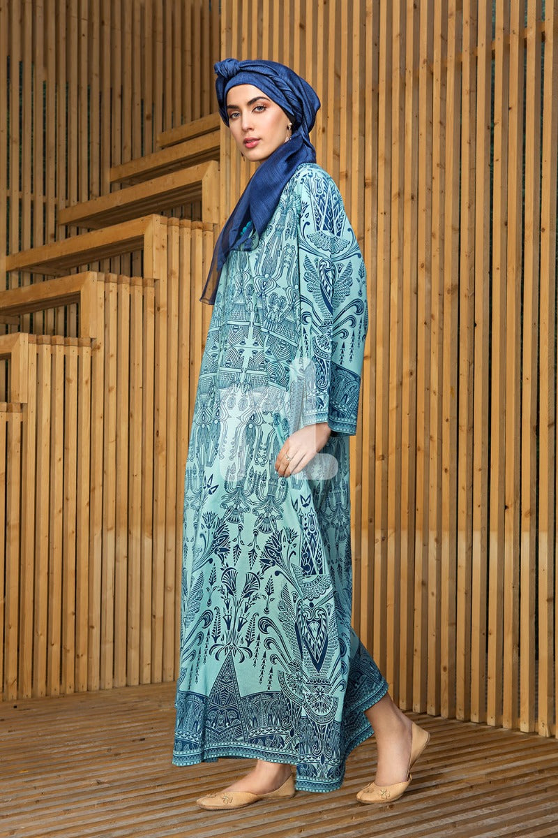 DS19-34 Blue Digital Printed Stitched Lawn Jalabiya - 1PC - Nishat Linen UAE