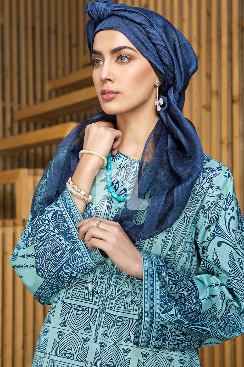 DS19-34 Blue Digital Printed Stitched Lawn Jalabiya - 1PC - Nishat Linen UAE