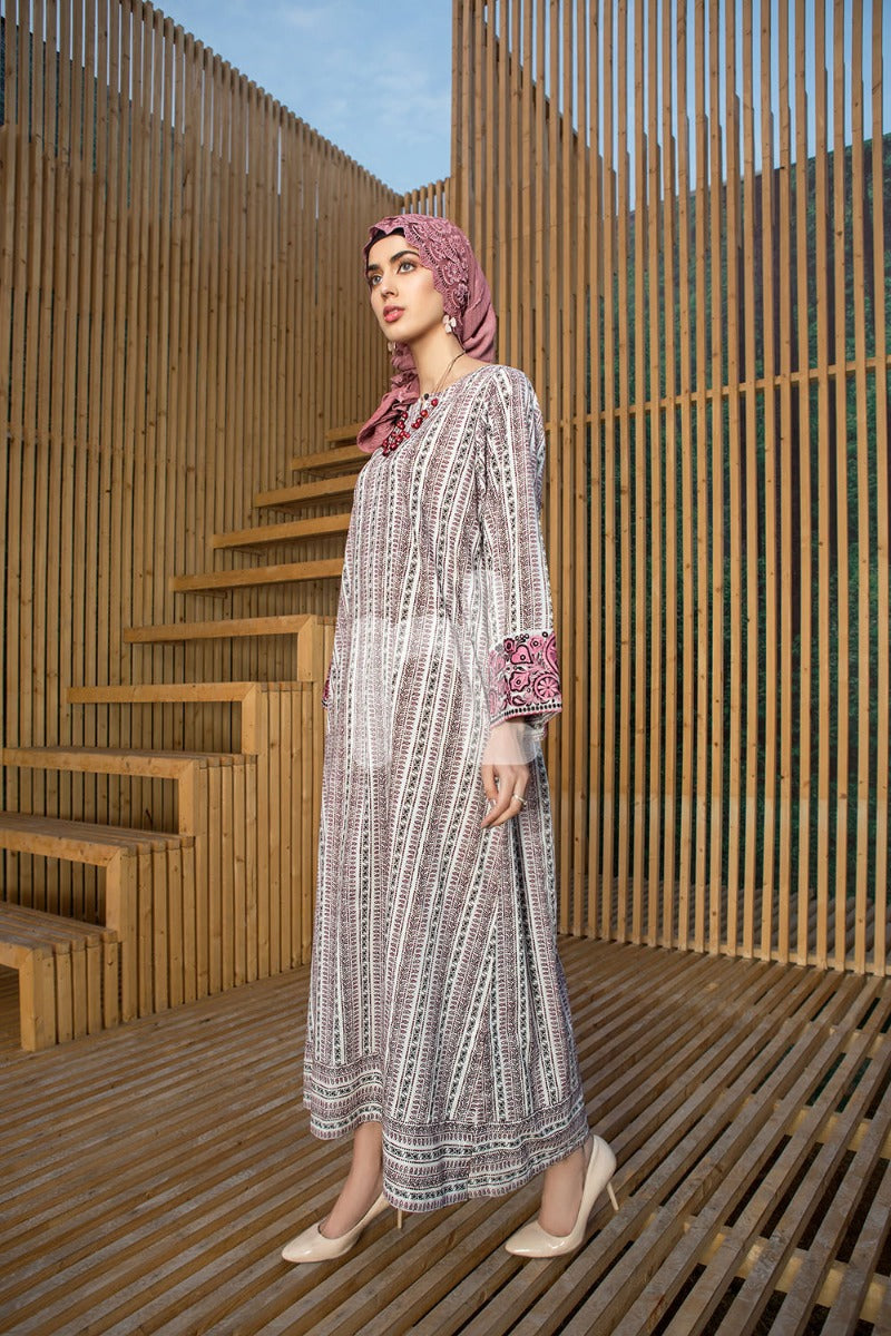 DS19-47 Beige Printed Embroidered Stitched Lawn Jalabiya – 1PC - Nishat Linen UAE