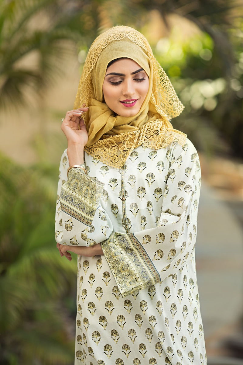DS19-57 Off White Digital Printed Stitched Cambric Jalabiya 1PC - Nishat Linen UAE