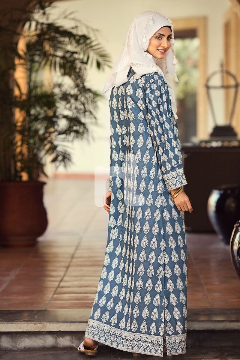 DS19-68 Blue Digital Printed Stitched Lawn Jalabiya 1PC - Nishat Linen UAE