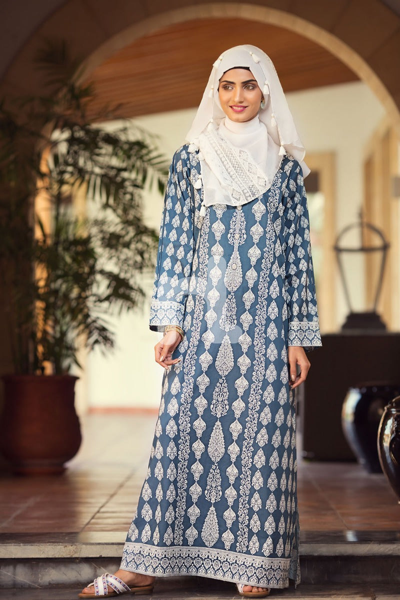 DS19-68 Blue Digital Printed Stitched Lawn Jalabiya 1PC - Nishat Linen UAE
