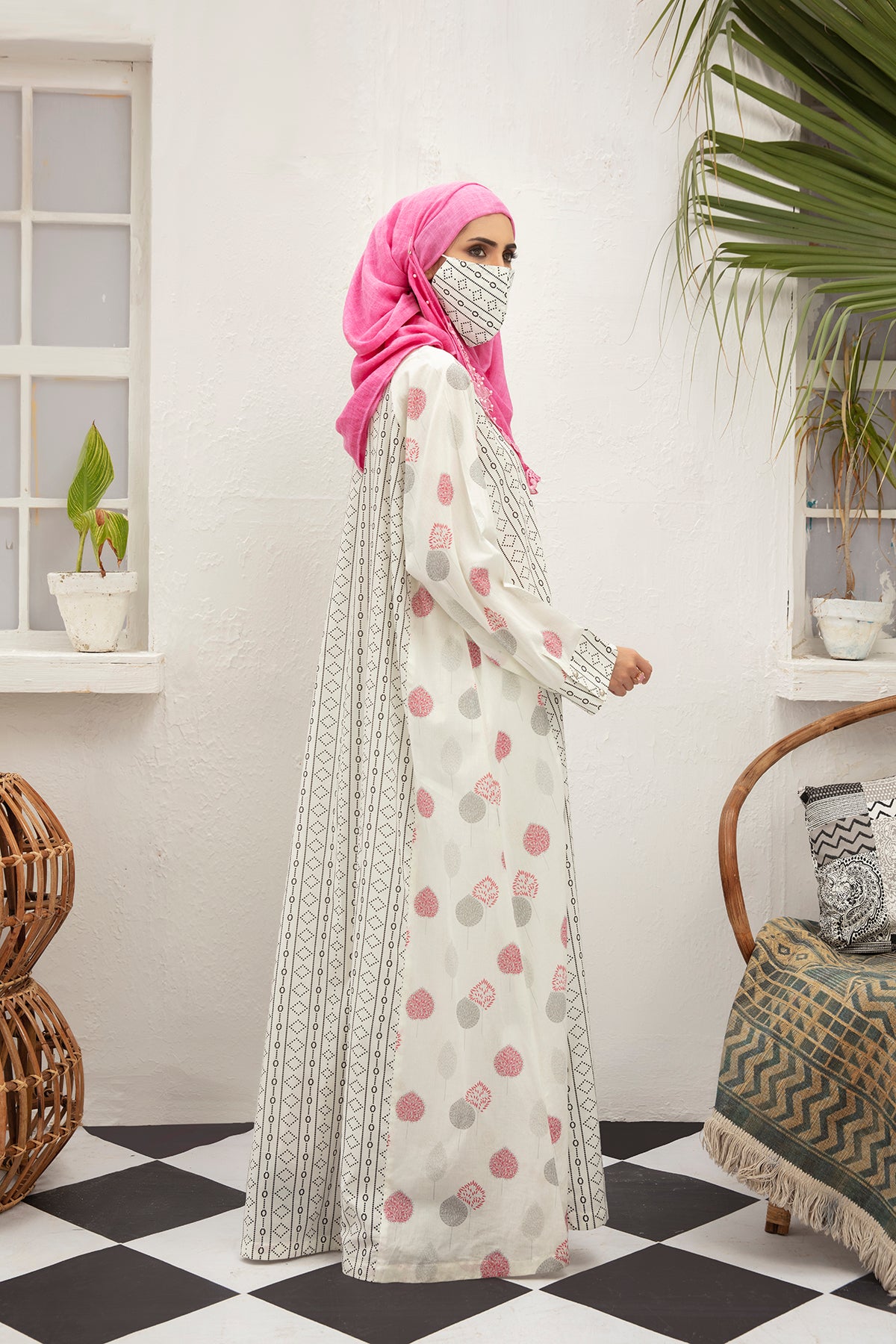 DS21-118 -Digital Cambric Stitched Fustaan With Mask - 1PC
