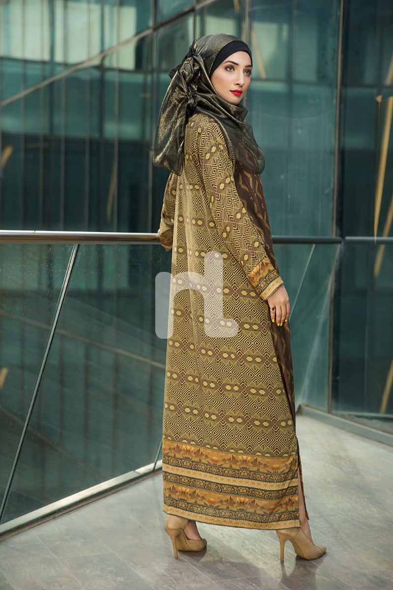 DSW18-04 Brown Printed Stitched Lawn Jalabiya - 1PC - Nishat Linen UAE