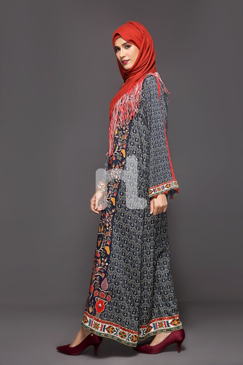 DW18-44 Grey Digital Printed Stitched Cotton Modal Jalabiya - 1PC - Nishat Linen UAE