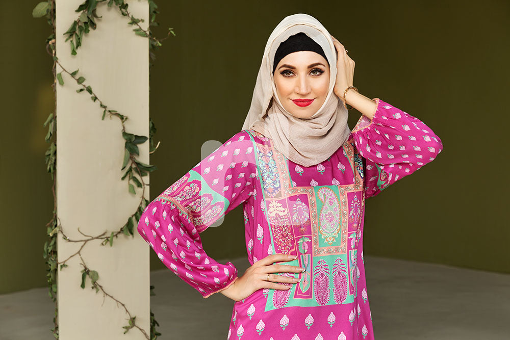 DSW19-94 Pink Digital Printed Stitched Jalabiya – 1PC - Nishat Linen UAE