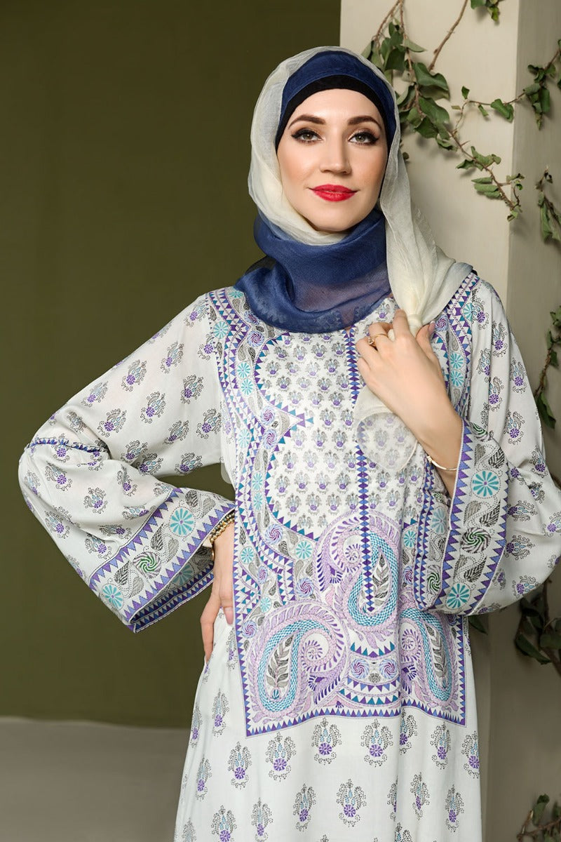 DSW19-98 White Digital Printed Stitched Jalabiya – 1PC - Nishat Linen UAE