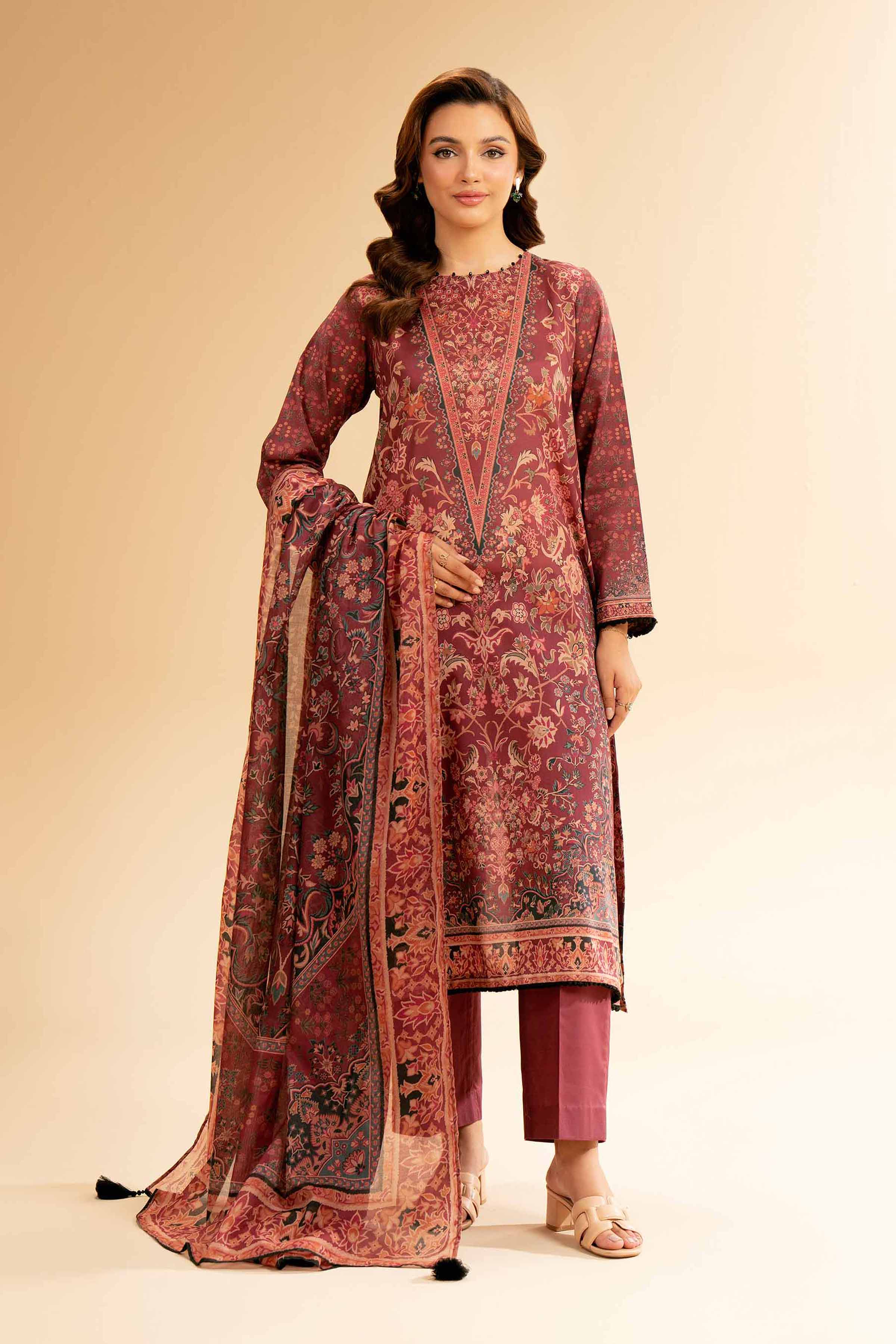 NISHATUAE - Maroon Printed Lawn 3-piece Unstitched Suit