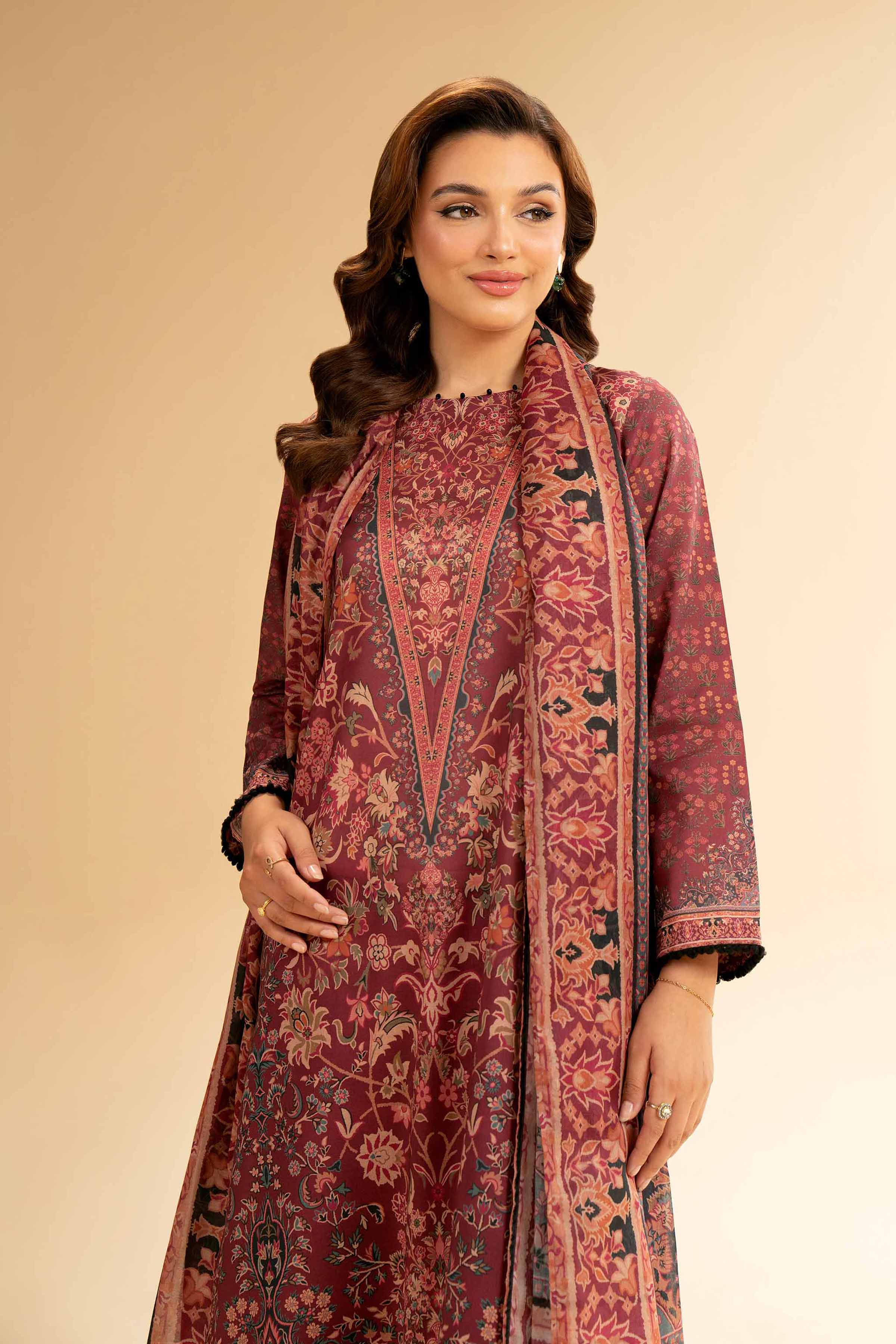 NISHATUAE - Maroon Printed Lawn 3-piece Unstitched Suit