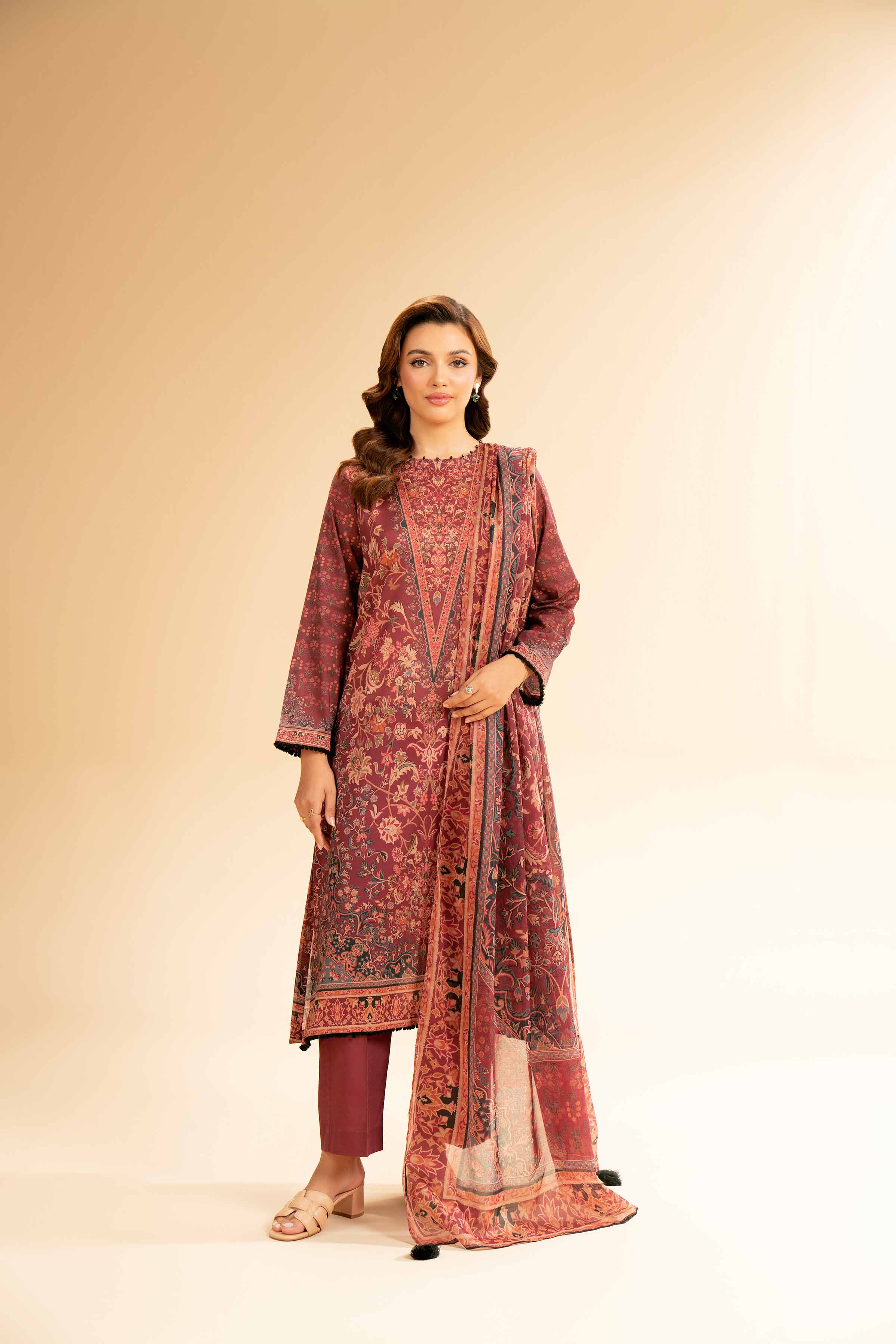 NISHATUAE - Maroon Printed Lawn 3-piece Unstitched Suit
