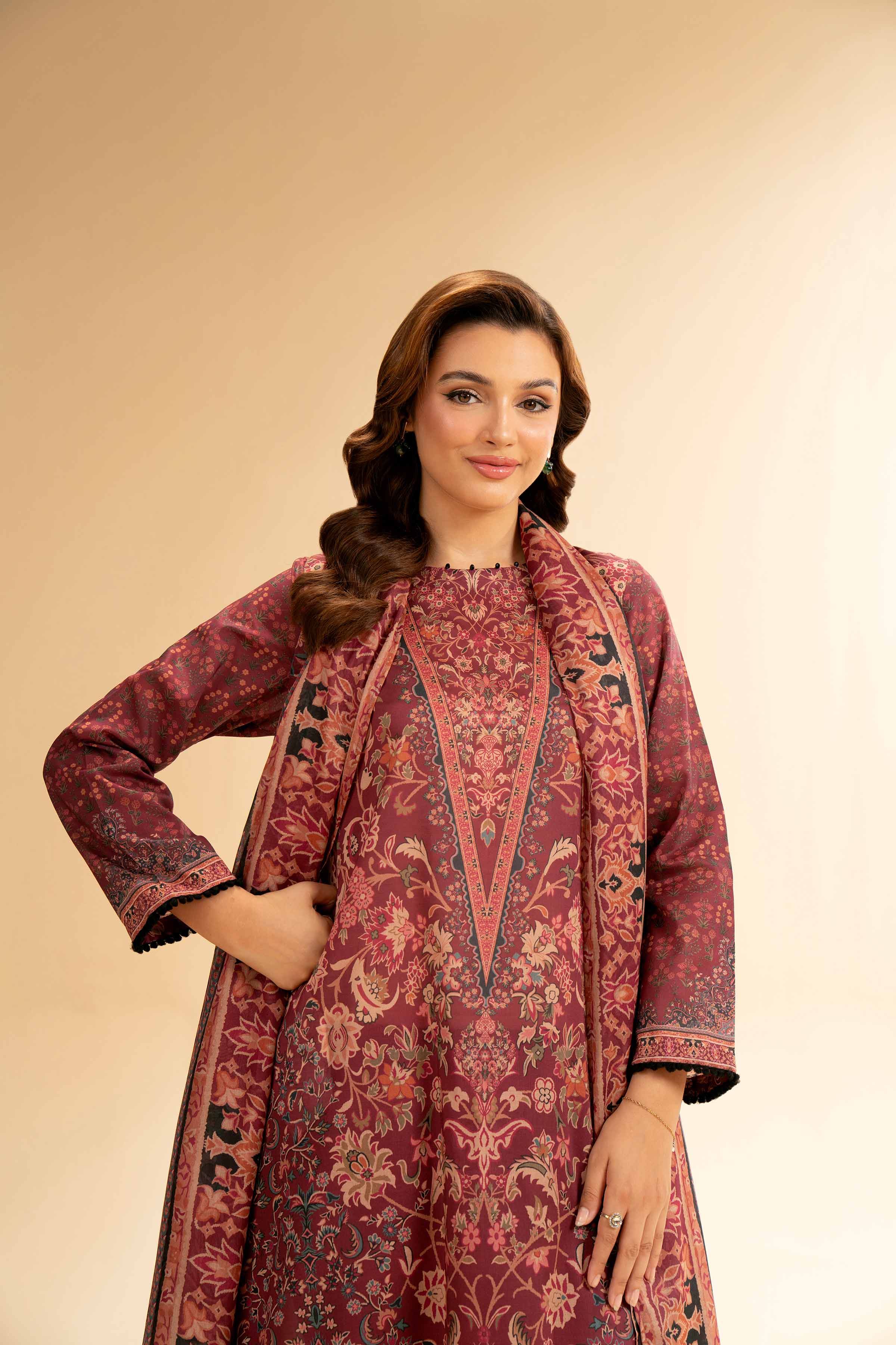NISHATUAE - Maroon Printed Lawn 3-piece Unstitched Suit