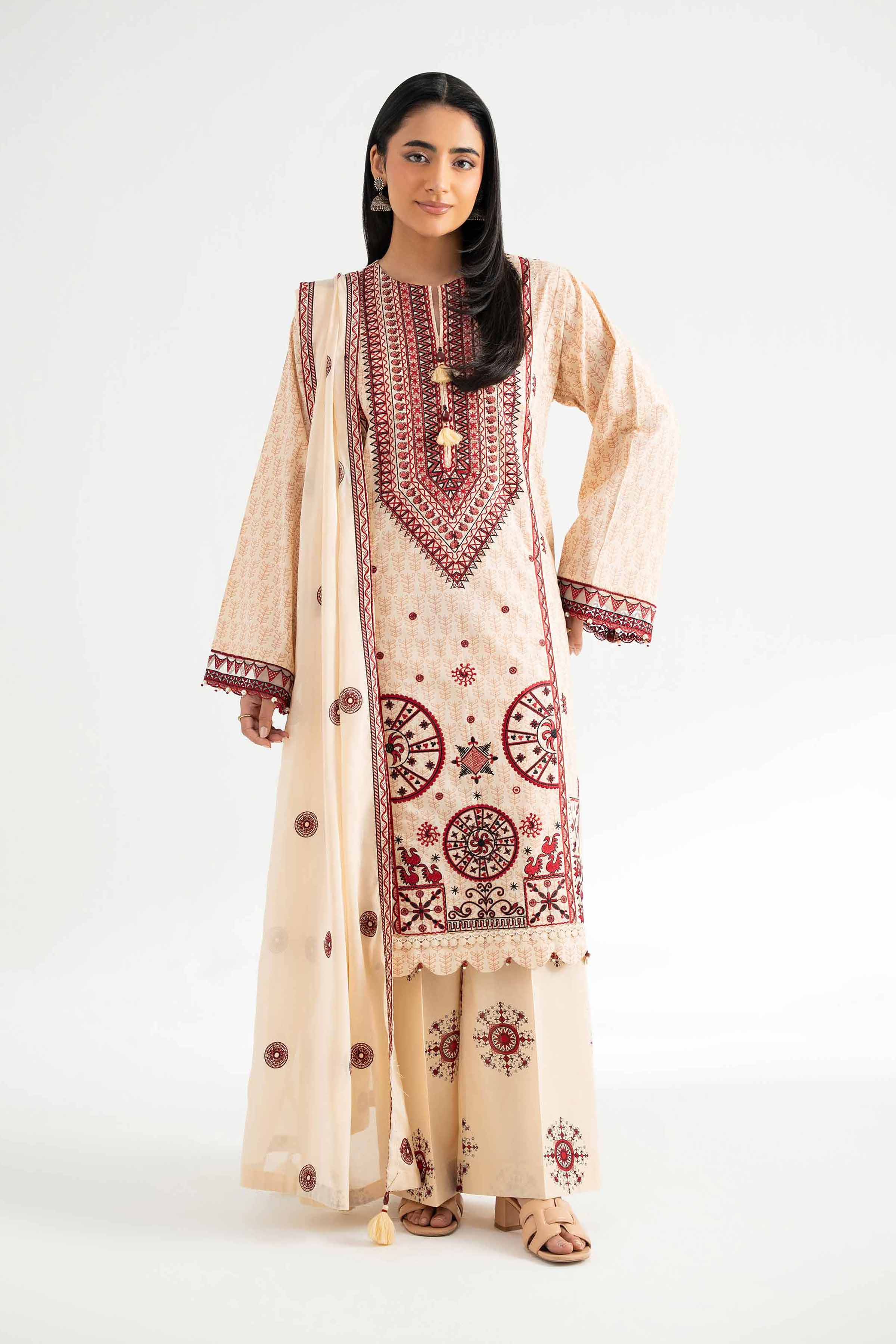 3 Piece - Printed Embroidered Suit - 42501874
