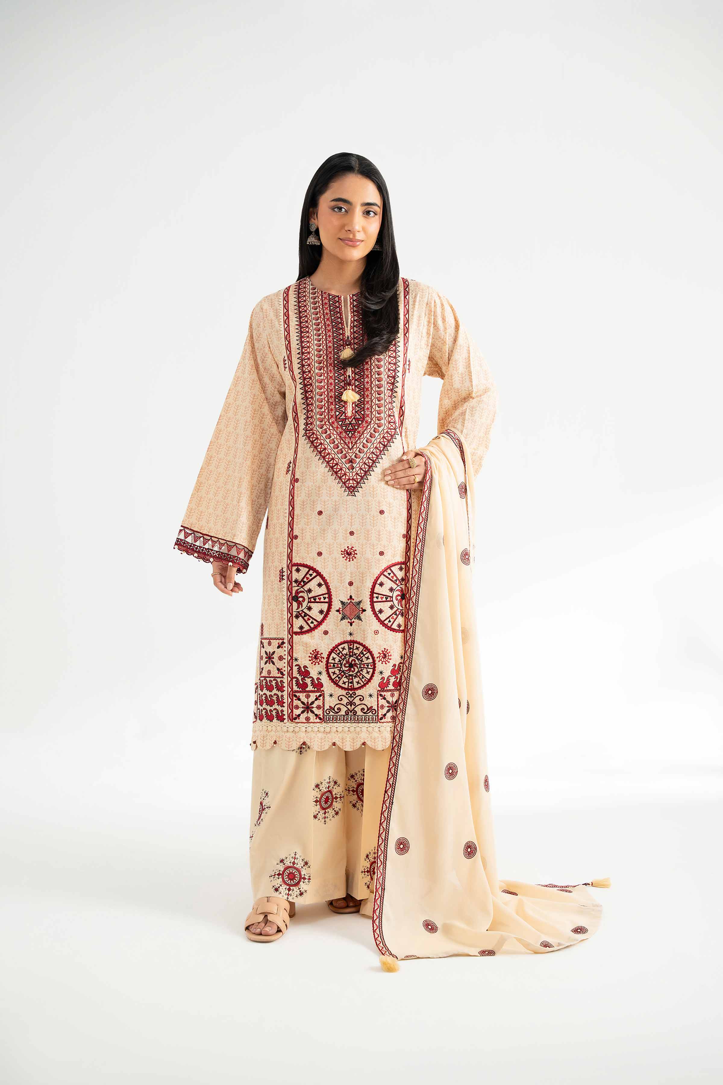 3 Piece - Printed Embroidered Suit - 42501874