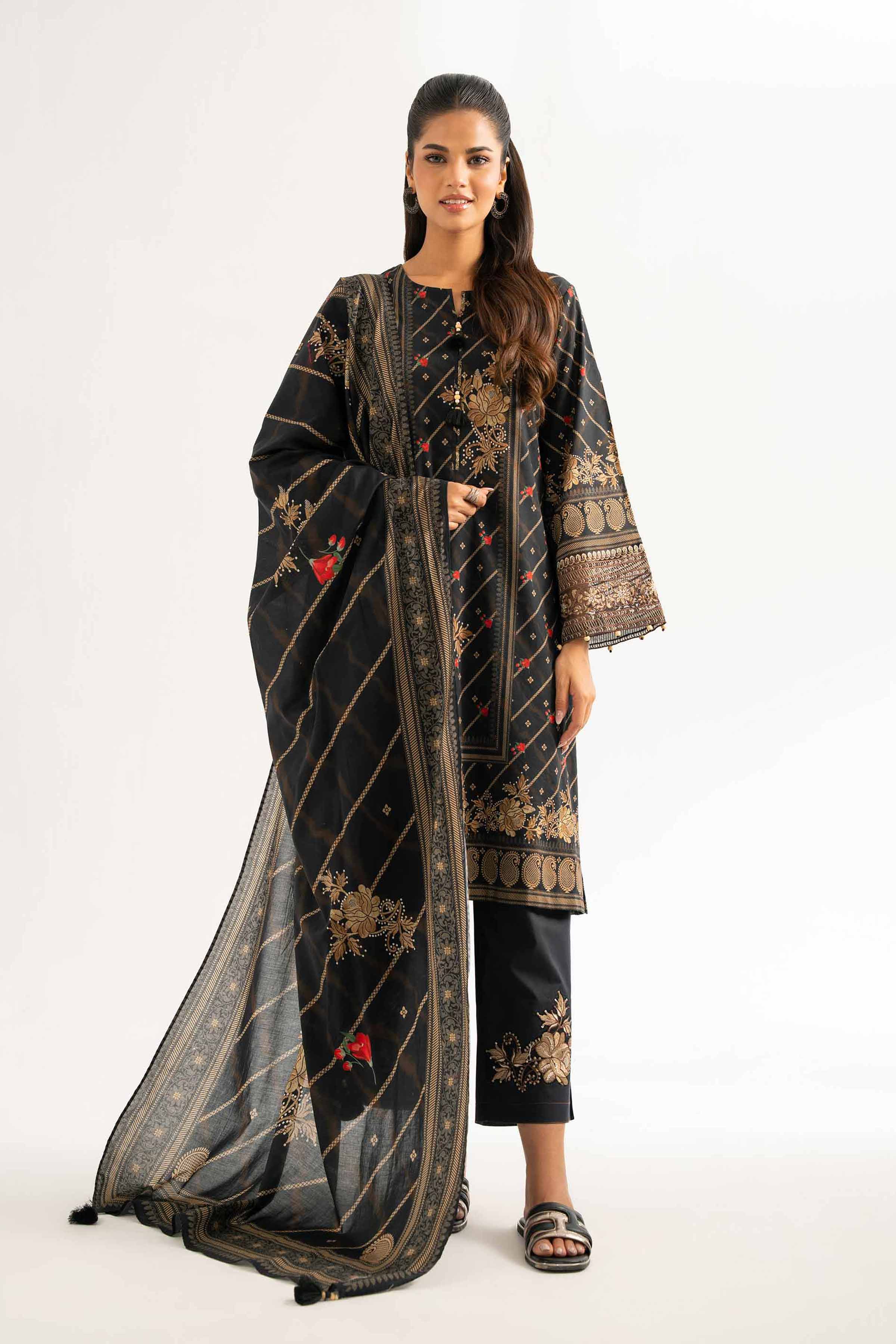 NISHATUAE - Black Embroidered Lawn 3-piece Unstitched Suit