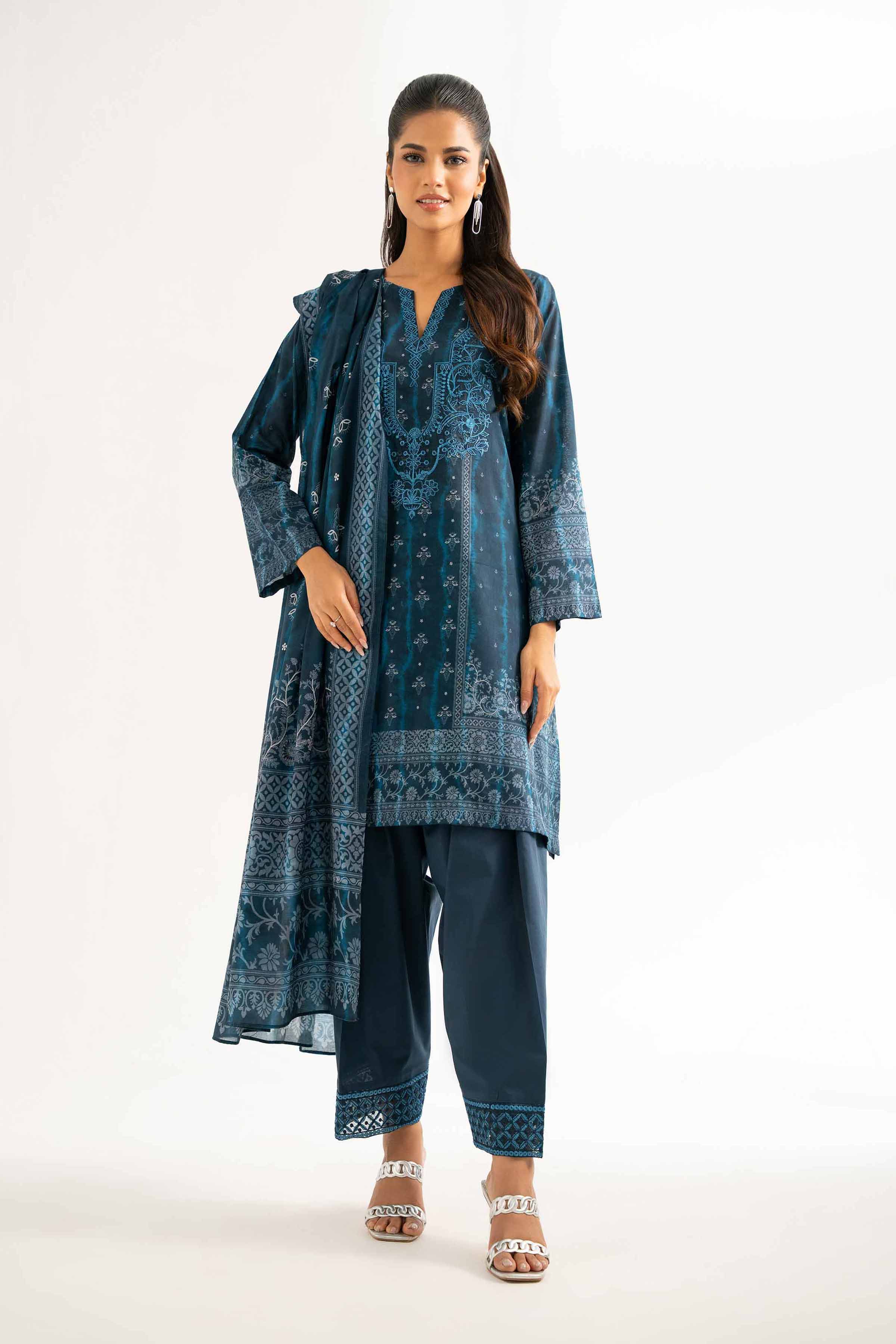 NISHATUAE - Blue Embroidered Lawn 3-piece Unstitched Suit