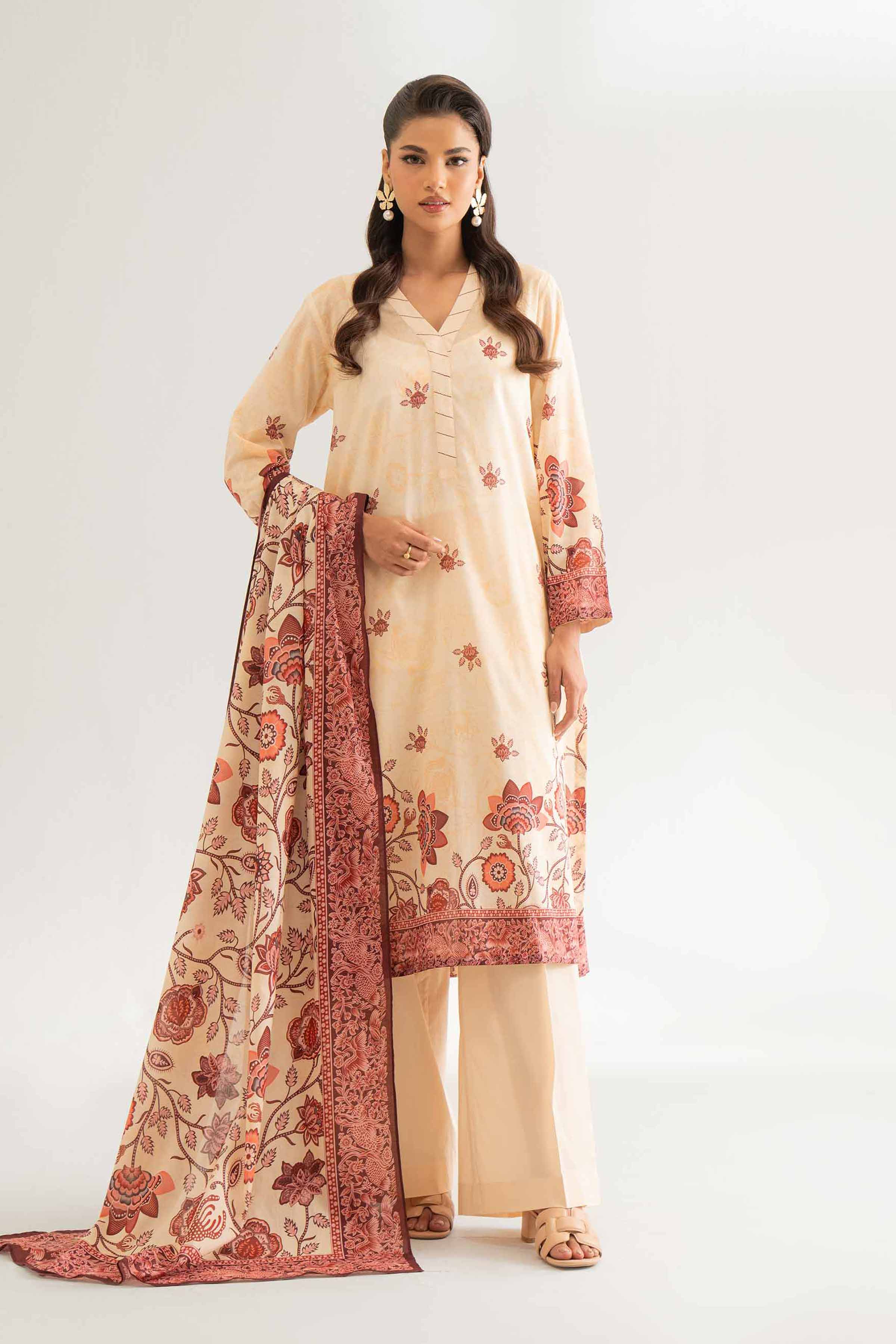 NISHATUAE - Peach Printed Lawn 3-piece Unstitched Suit
