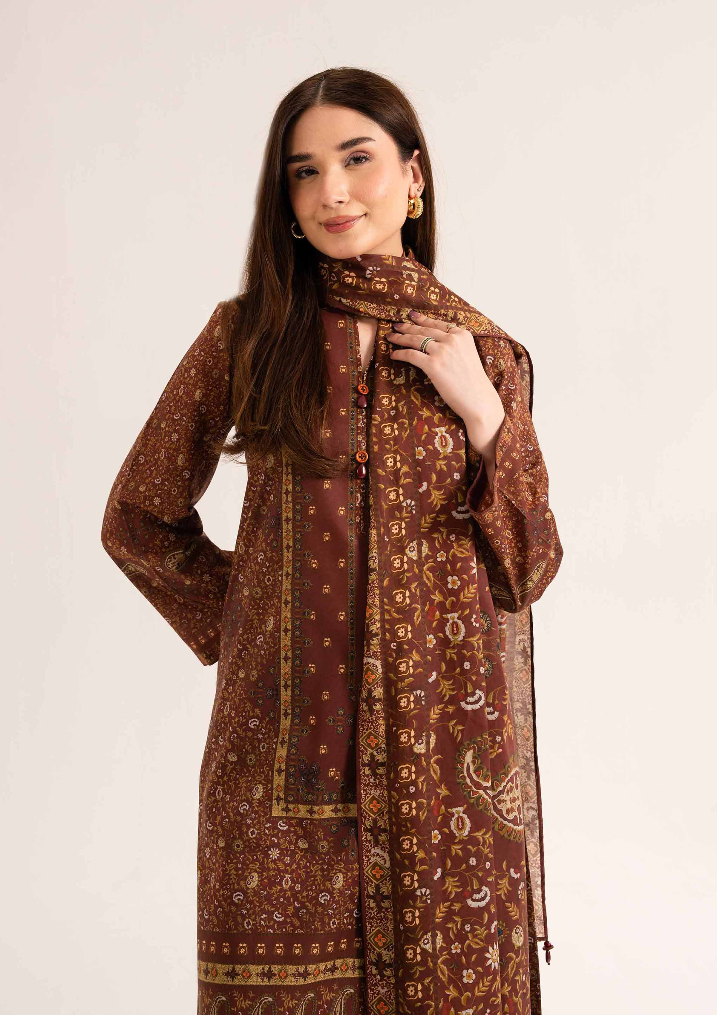NISHATUAE - Maroon Printed Lawn 3-piece Unstitched Suit
