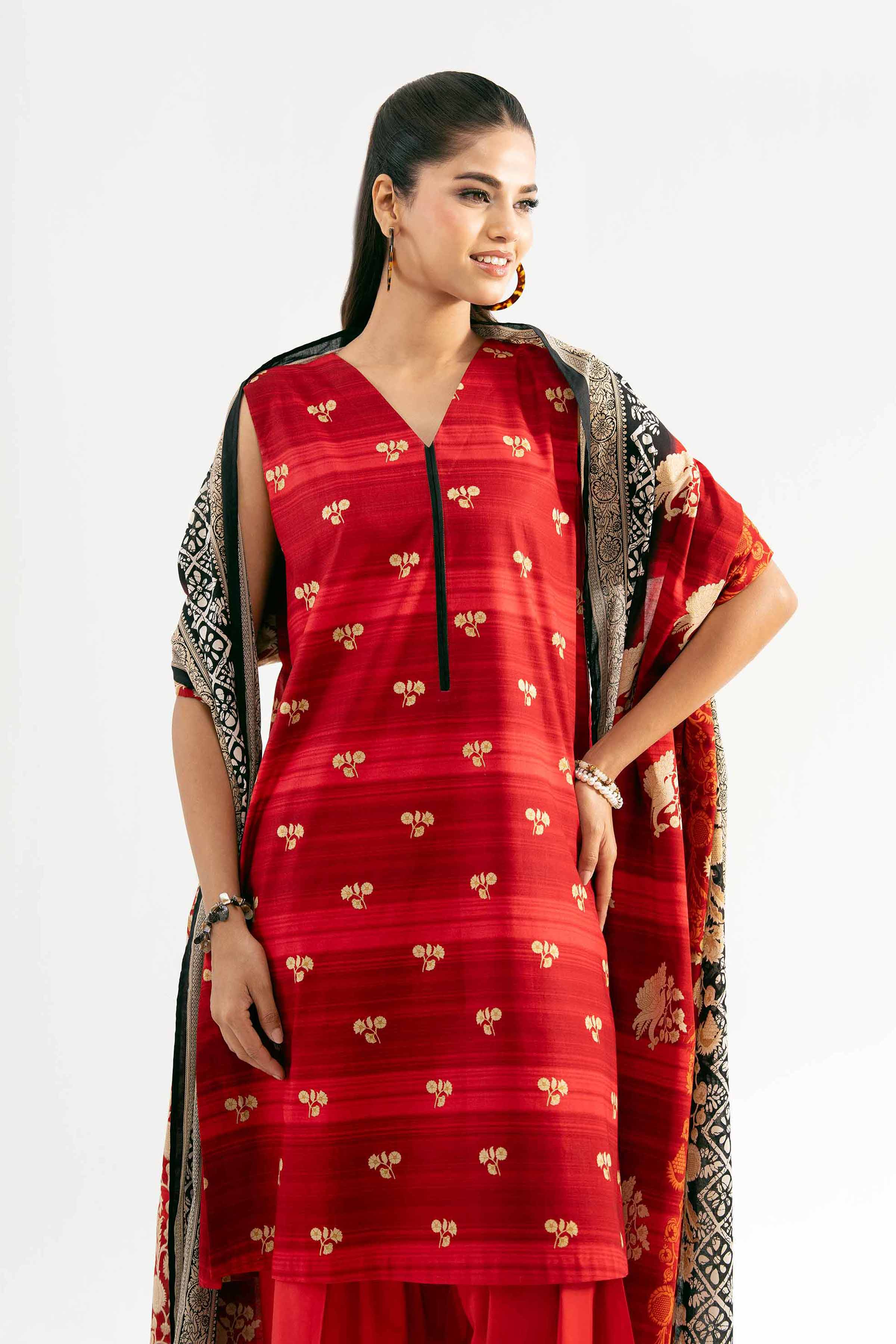 NISHATUAE - Rust Printed Cambric 3-piece Unstitched Suit