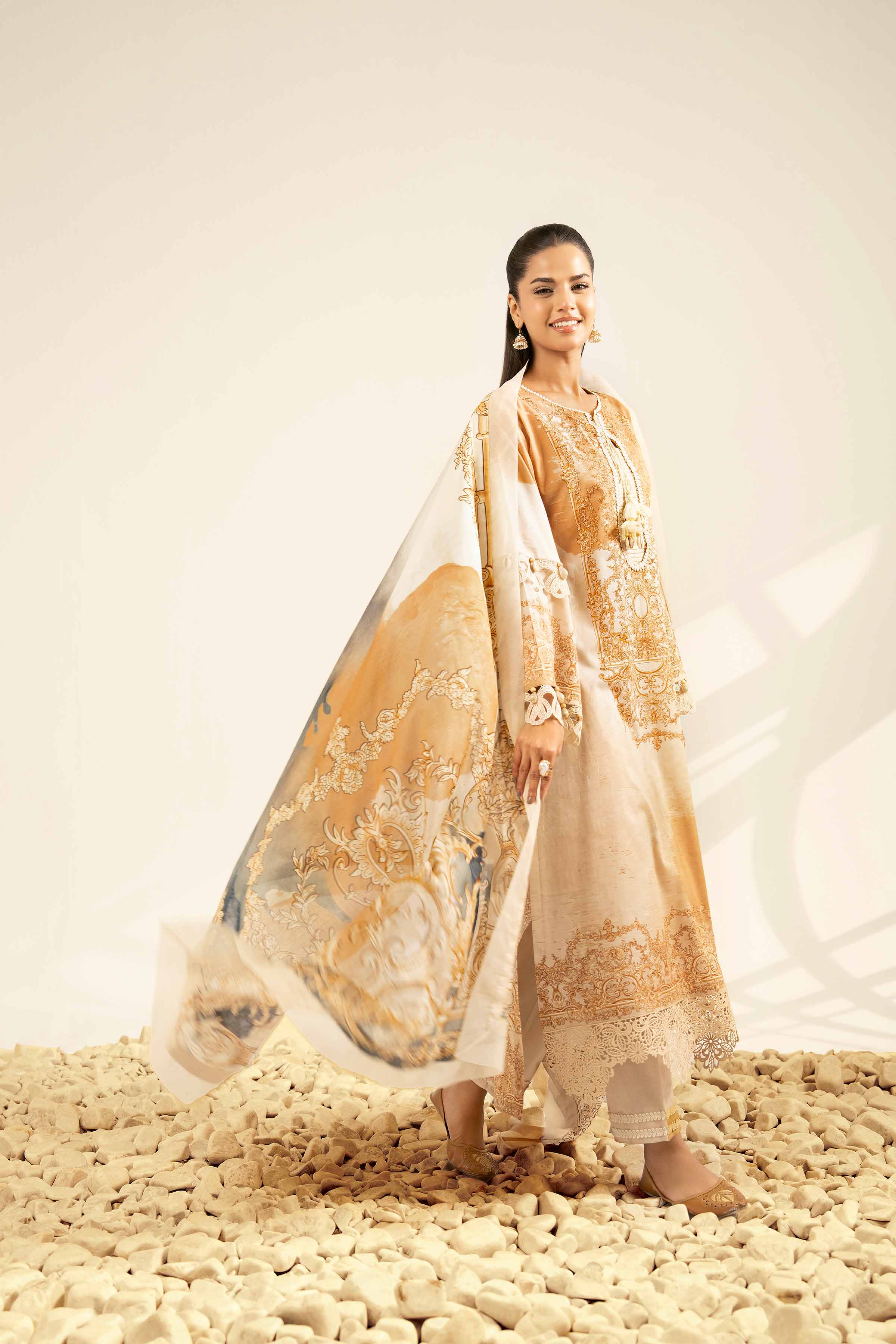 NISHATUAE - Beige Printed Cambric 3-piece Unstitched Suit