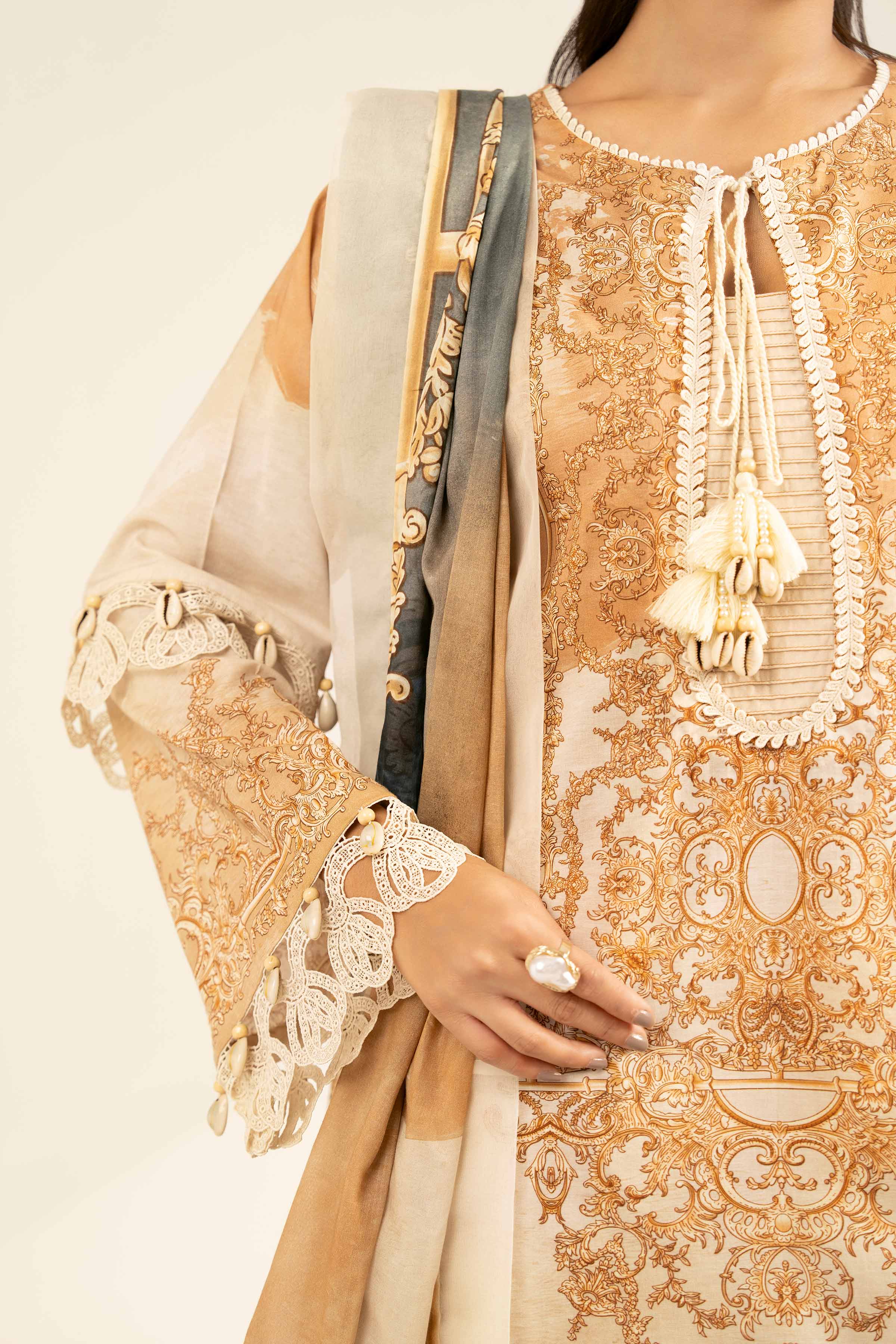 NISHATUAE - Beige Printed Cambric 3-piece Unstitched Suit