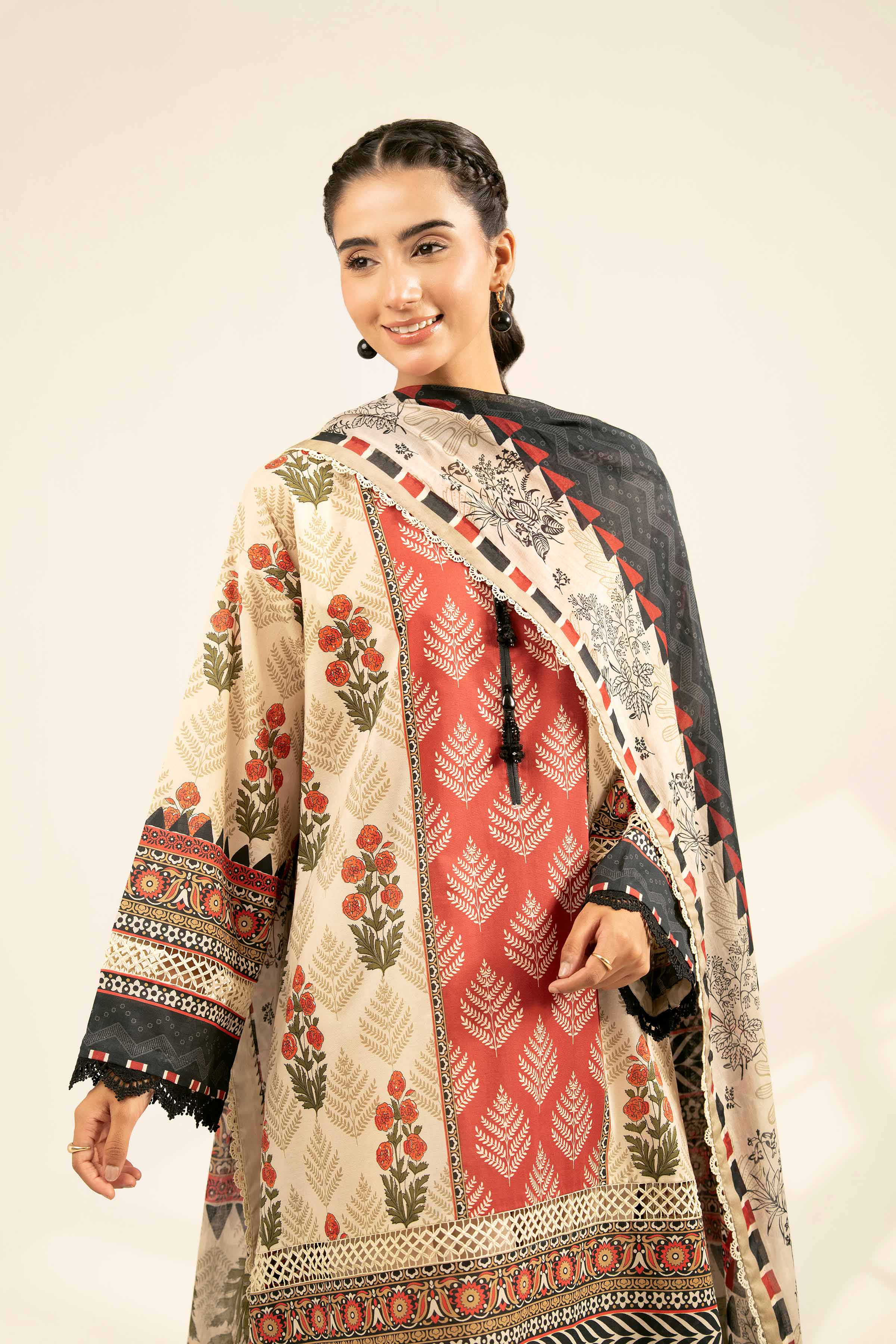 NISHATUAE - Beige Printed Cambric 3-piece Unstitched Suit