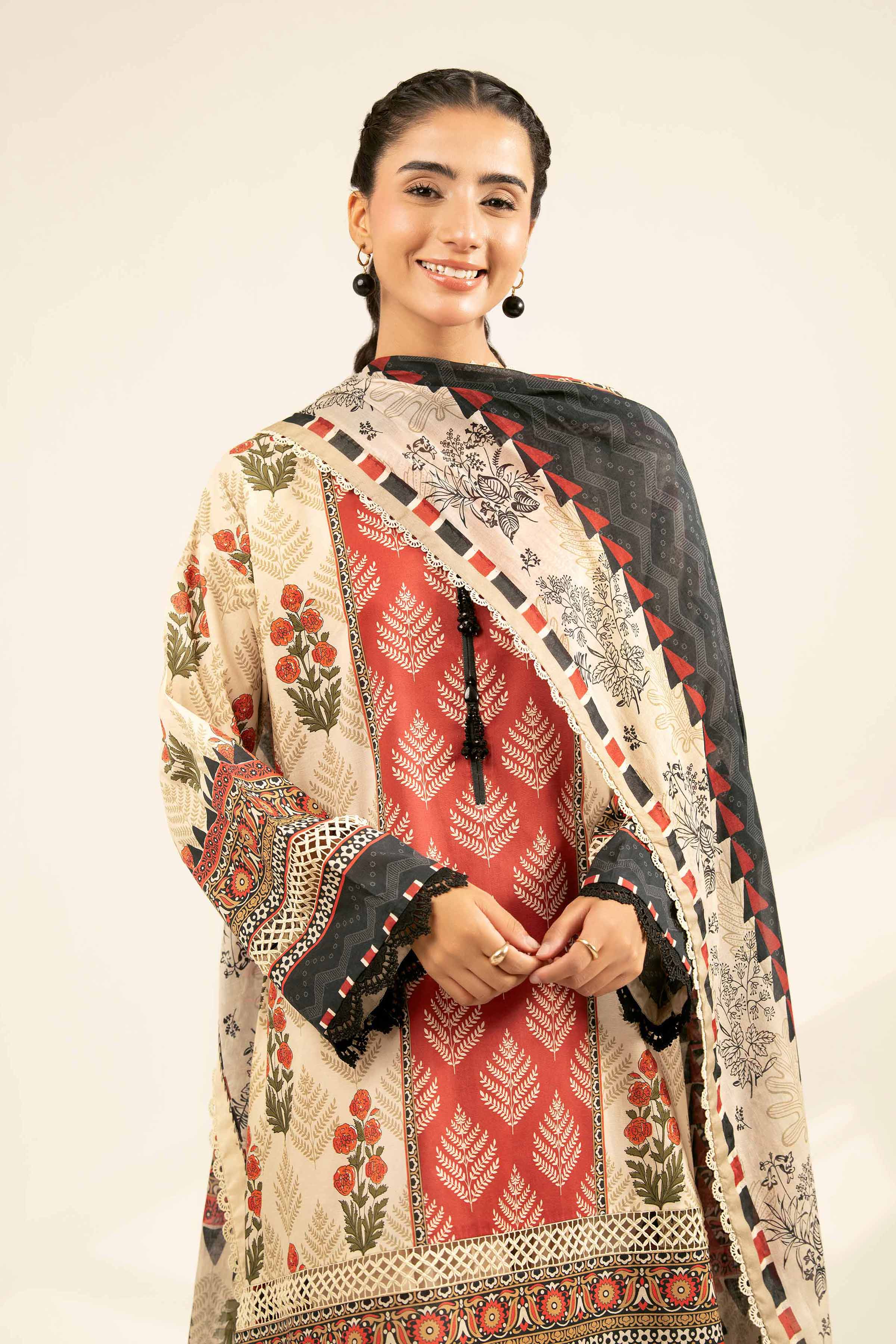 NISHATUAE - Beige Printed Cambric 3-piece Unstitched Suit
