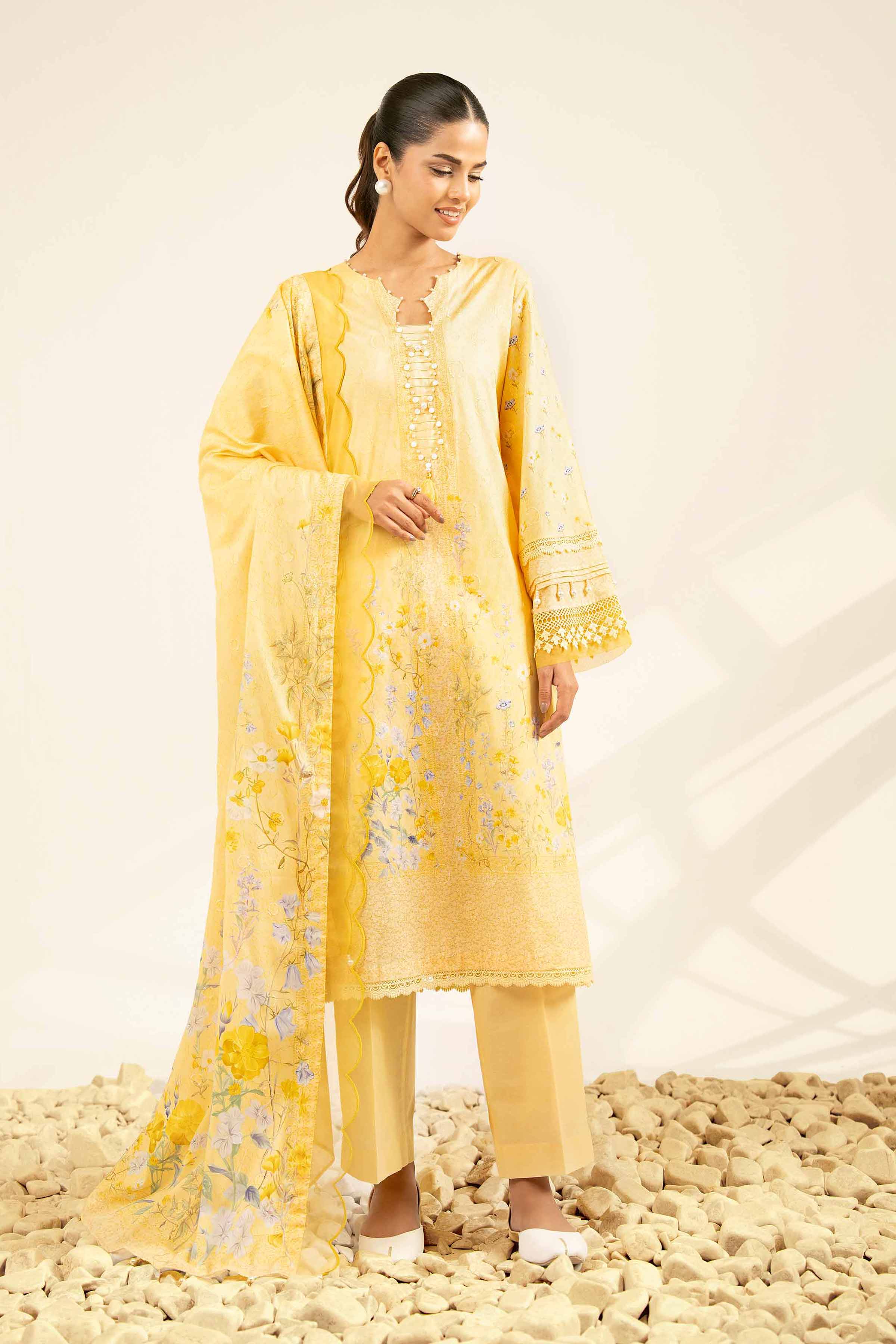 NISHATUAE - Yellow Printed Jacquard 3-piece Unstitched Suit