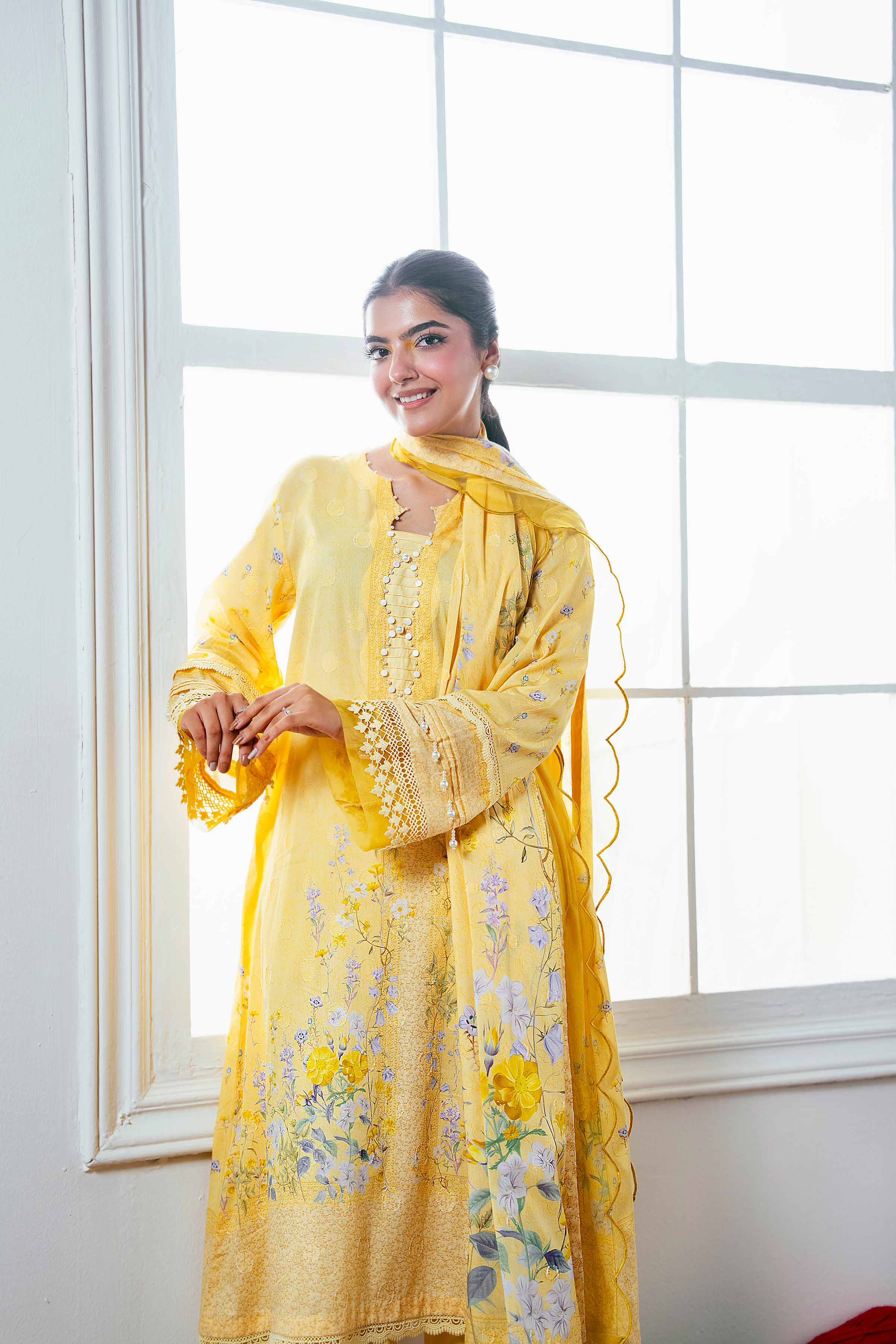 NISHATUAE - Yellow Printed Jacquard 3-piece Unstitched Suit