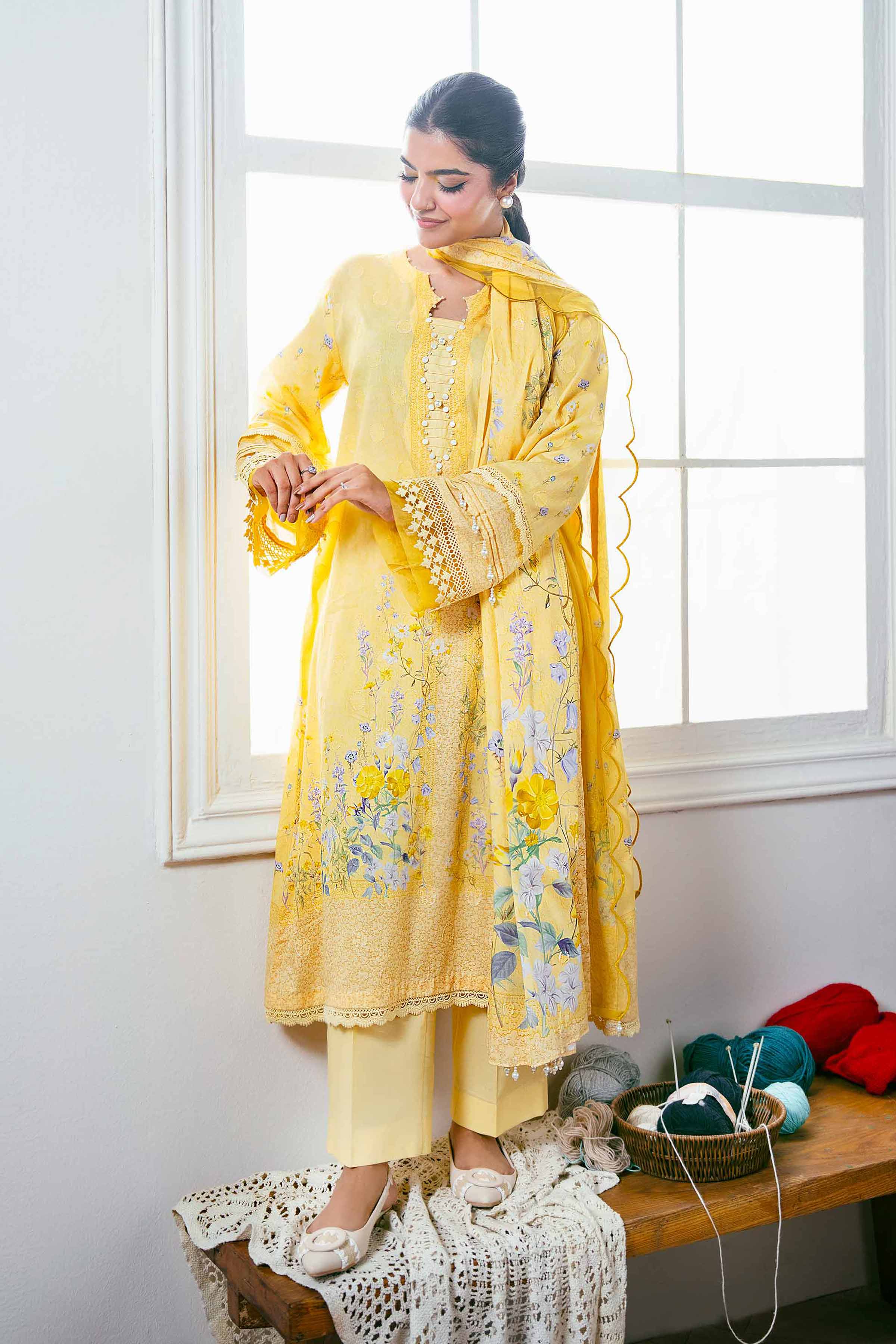 NISHATUAE - Yellow Printed Jacquard 3-piece Unstitched Suit