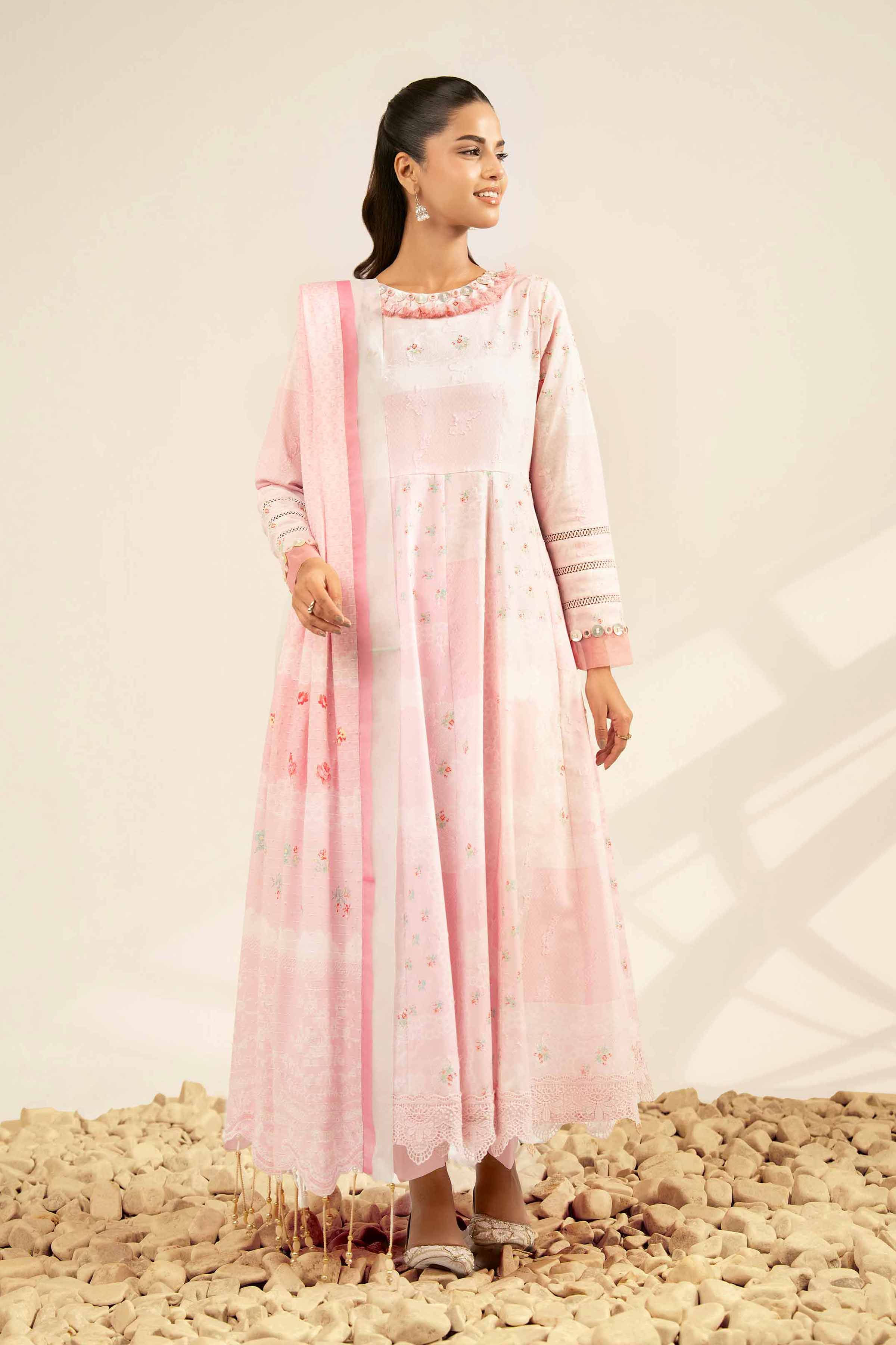 NISHATUAE - Pink Printed Jacquard 3-piece Unstitched Suit
