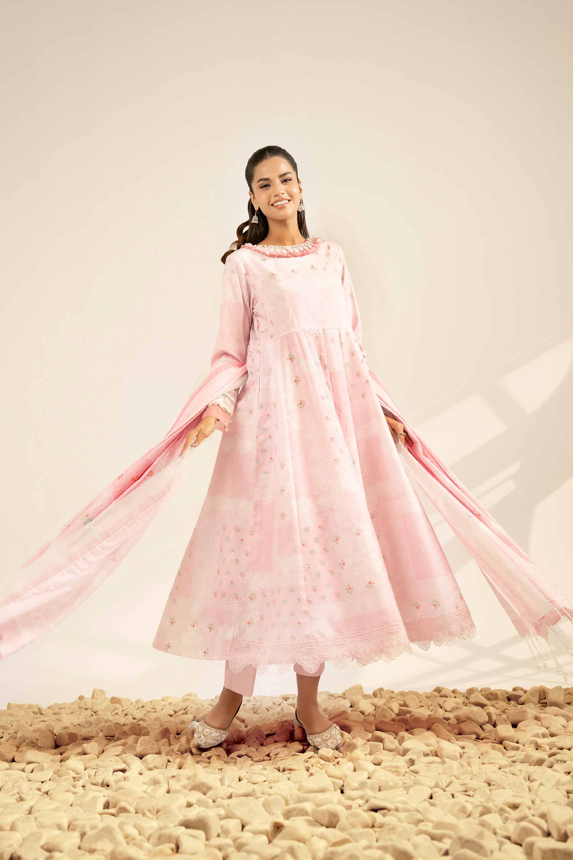 NISHATUAE - Pink Printed Jacquard 3-piece Unstitched Suit
