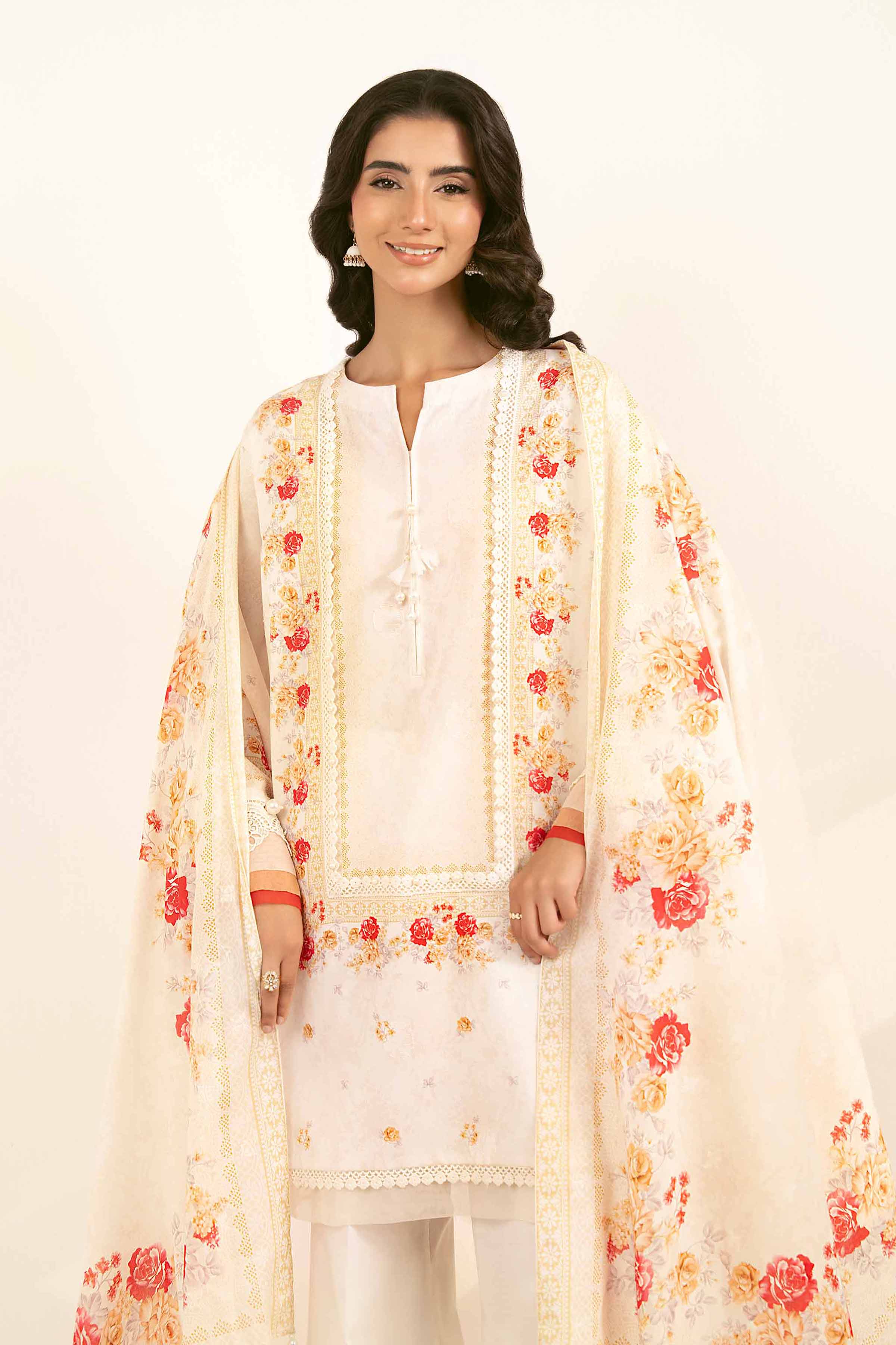 NISHATUAE - Off White Printed Jacquard 3-piece Unstitched Suit
