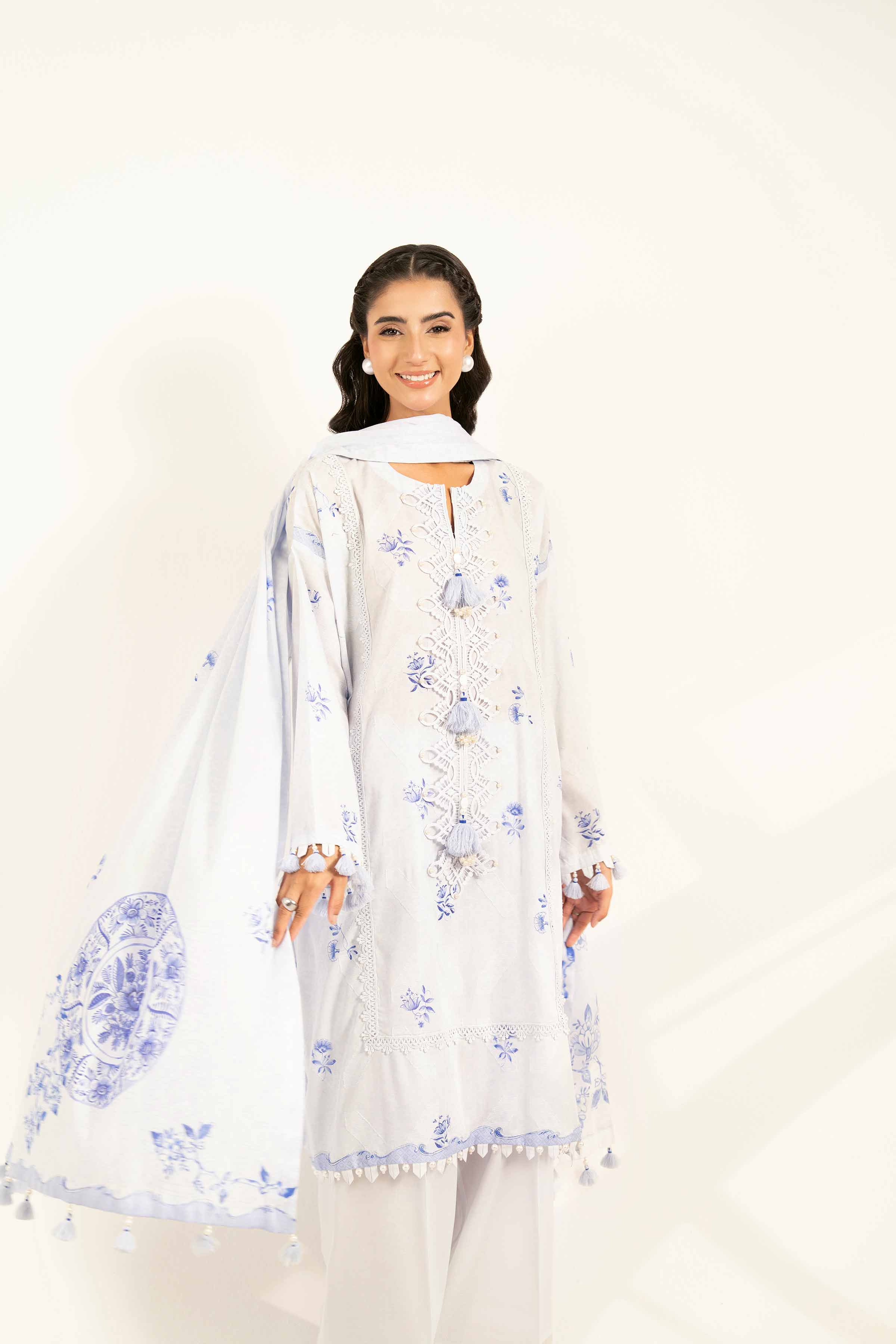 NISHATUAE - Blue Printed Jacquard 3-piece Unstitched Suit