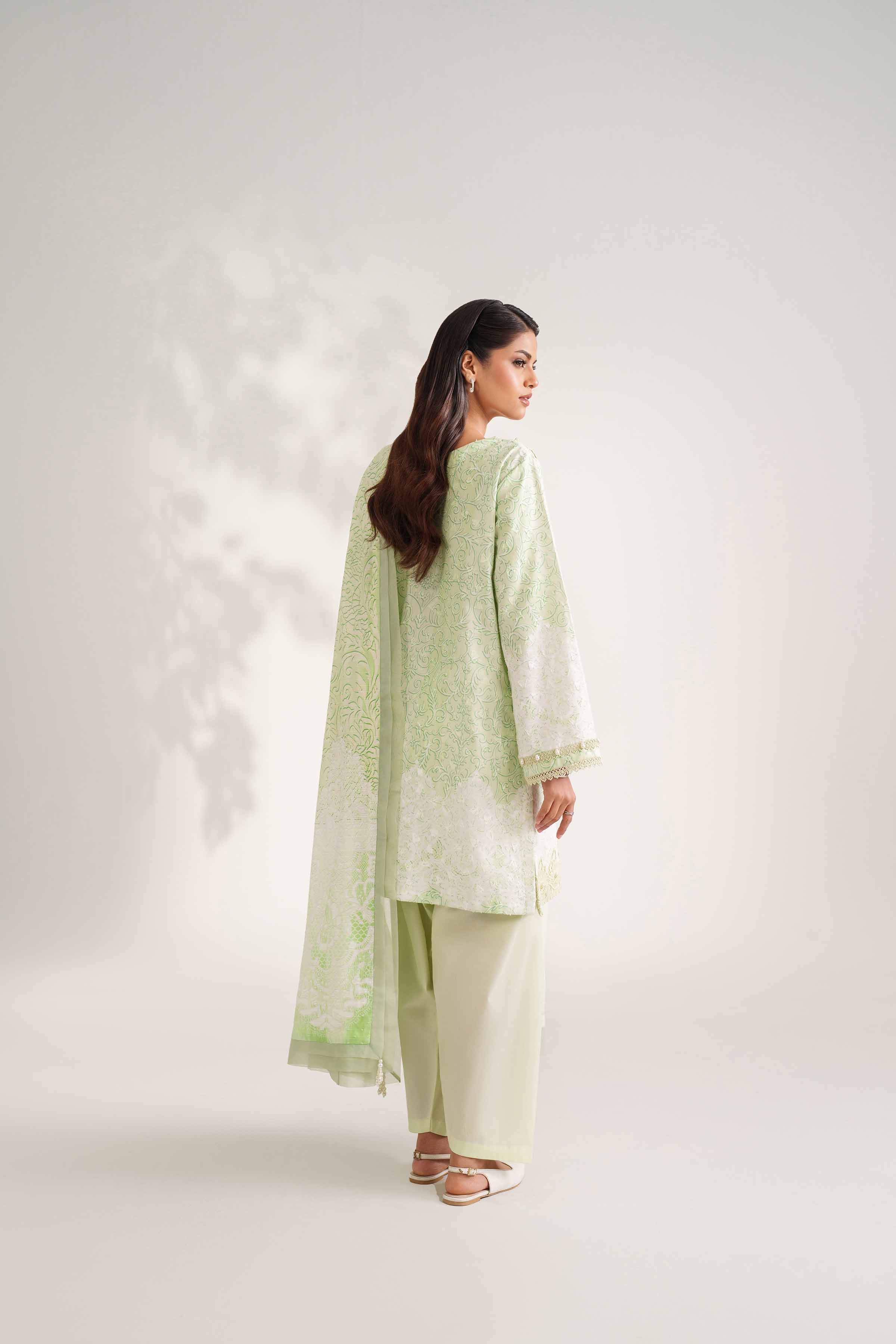 NISHATUAE - Green Printed Jacquard 3-piece Unstitched Suit