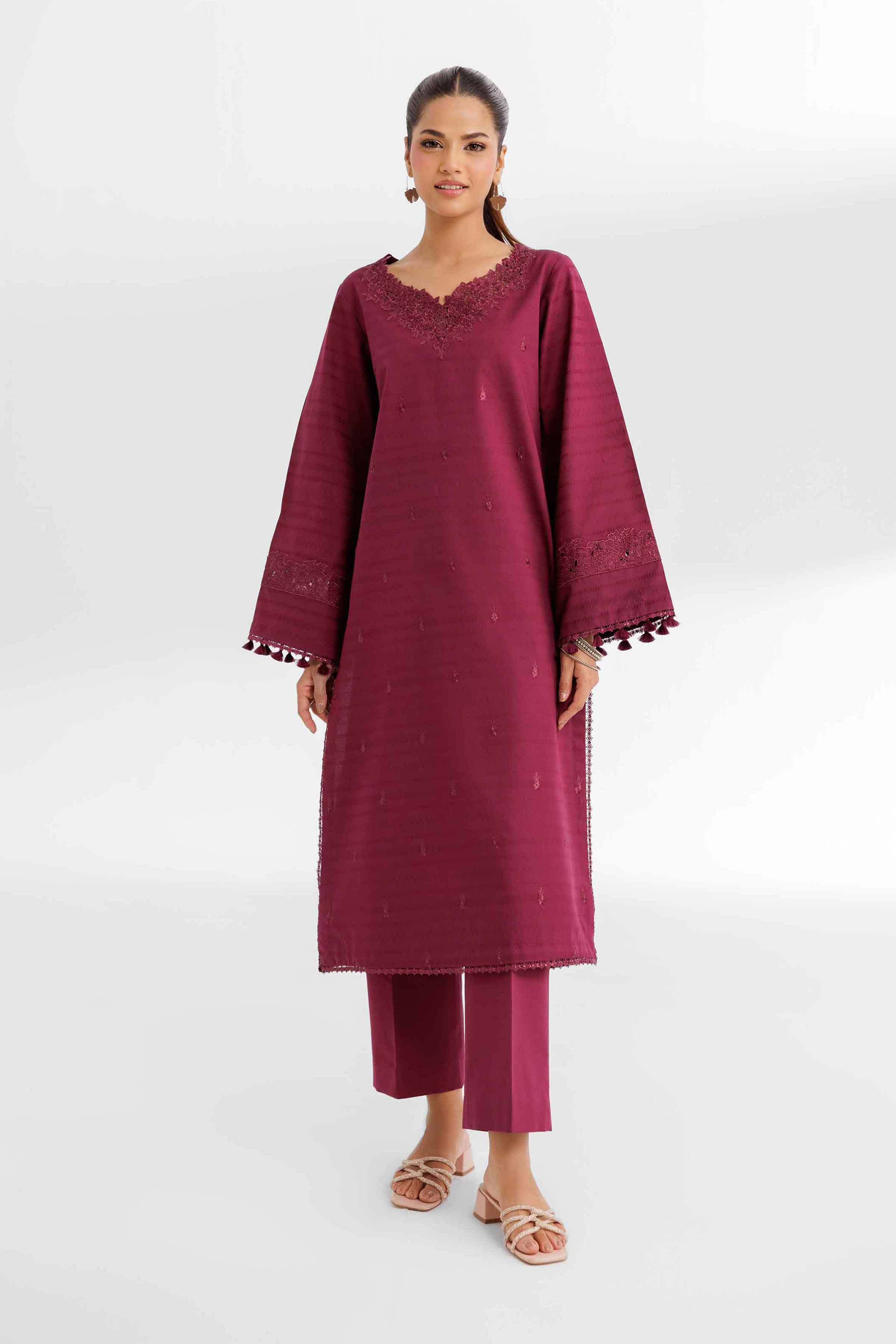 NISHATUAE - Burgundy Embroidered Lawn 2-piece Unstitched Dress