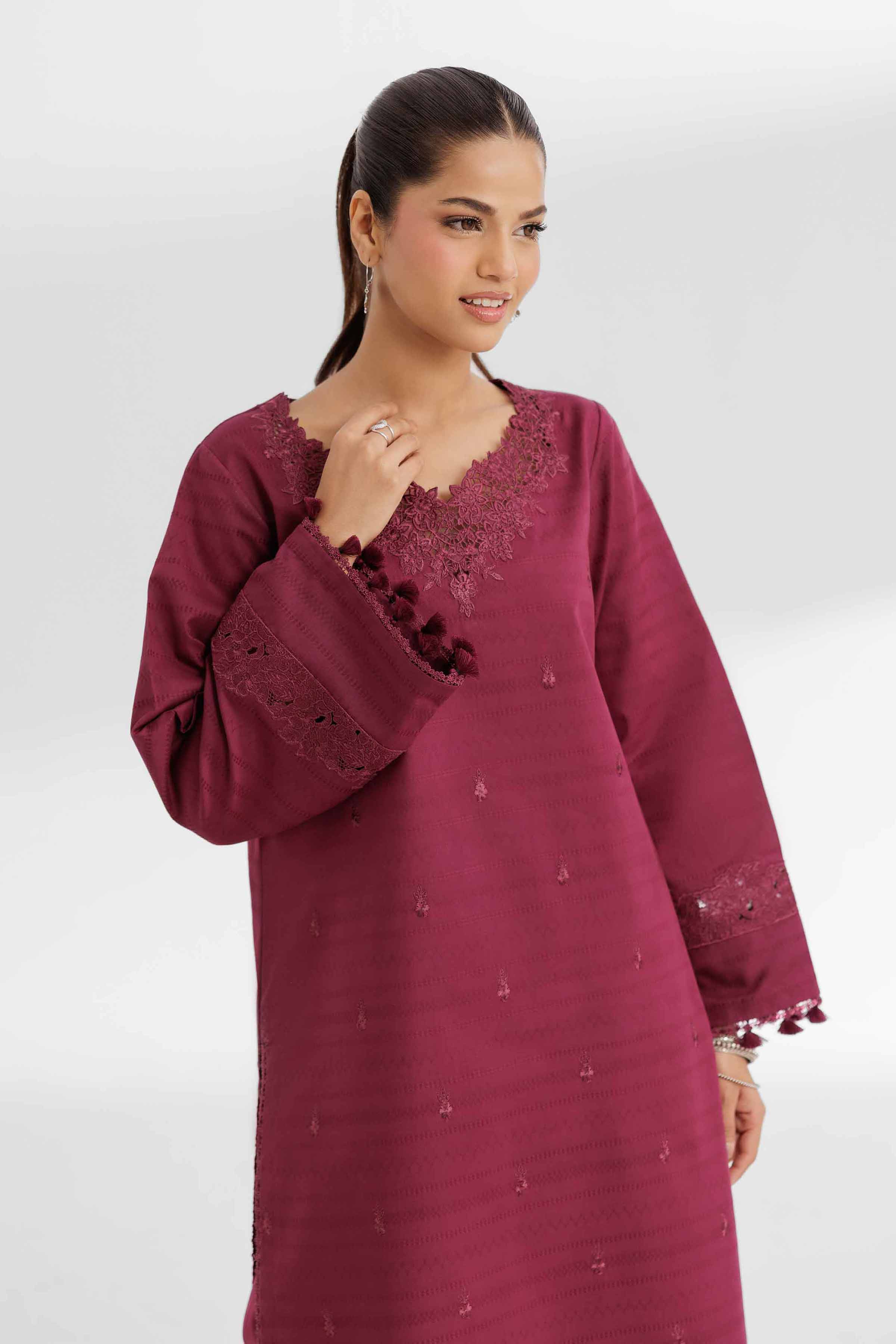 NISHATUAE - Burgundy Embroidered Lawn 2-piece Unstitched Dress