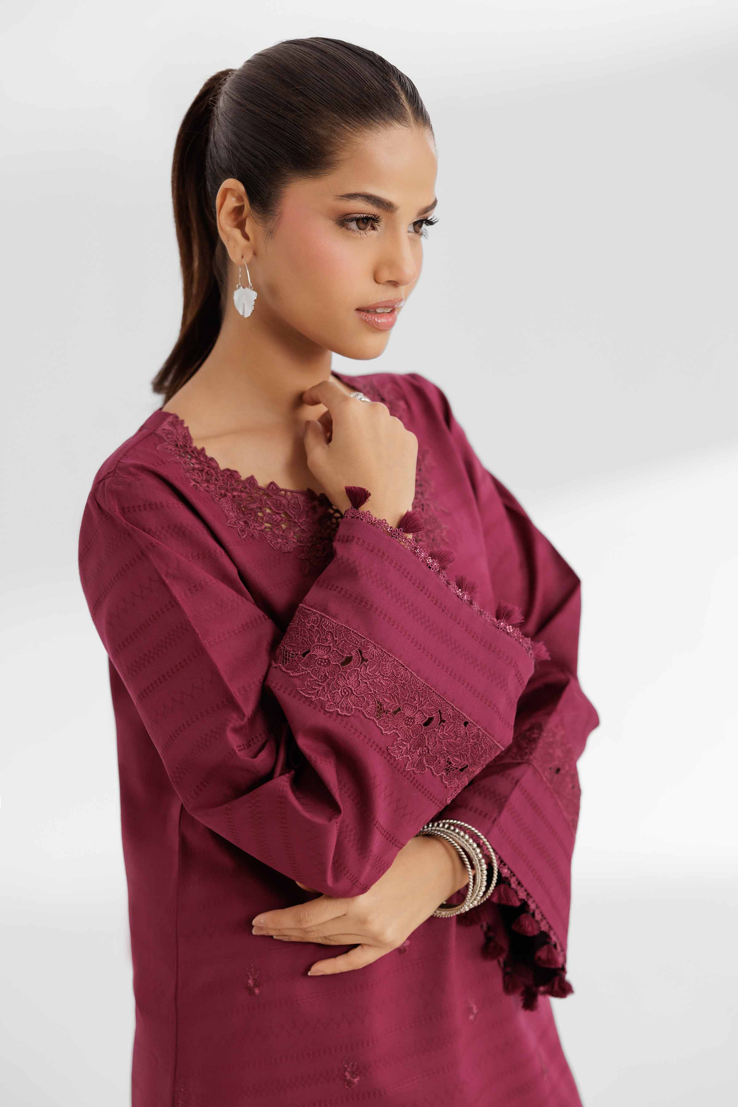 NISHATUAE - Burgundy Embroidered Lawn 2-piece Unstitched Dress