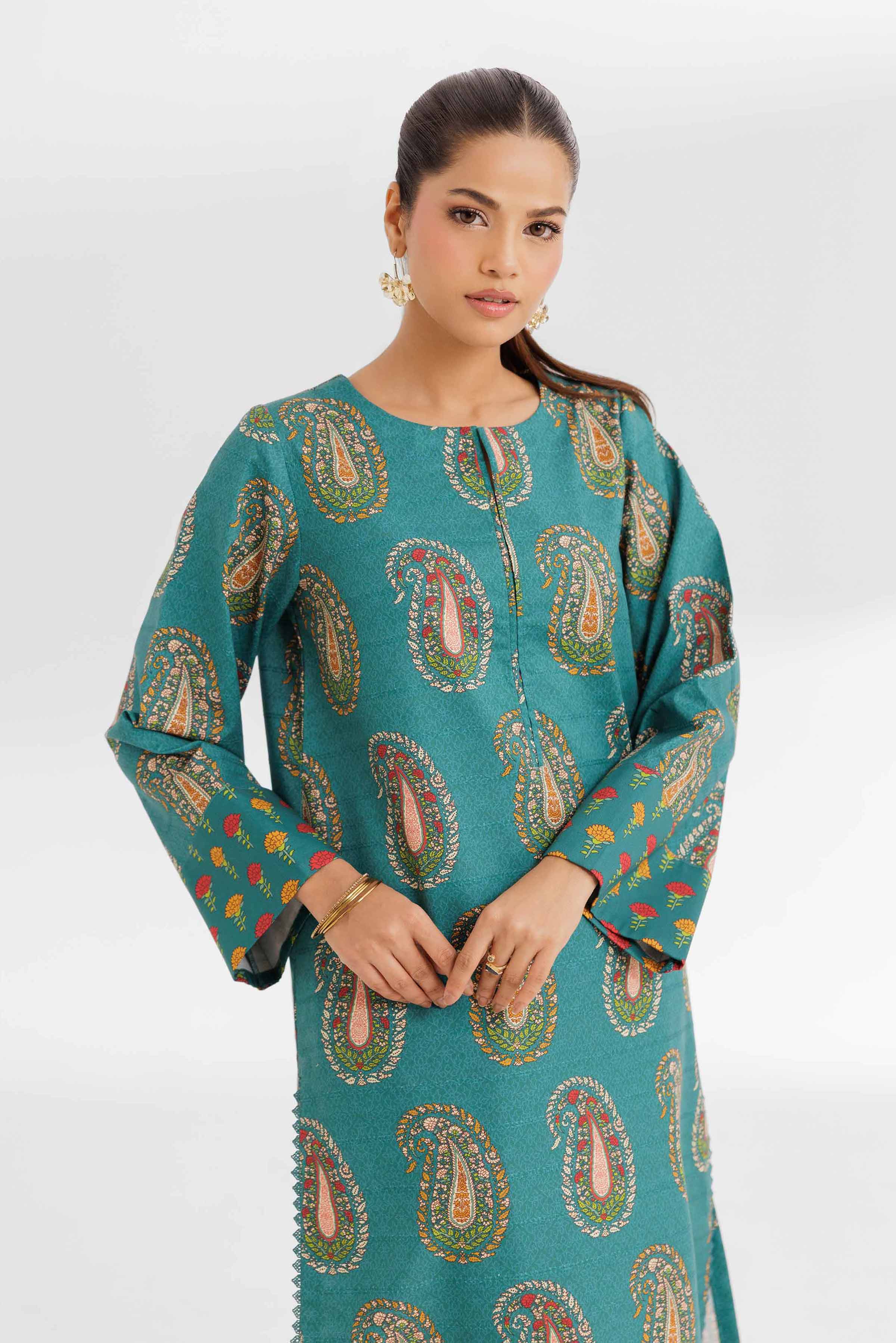 NISHATUAE - Teal Printed Lawn 2-piece Unstitched Dress