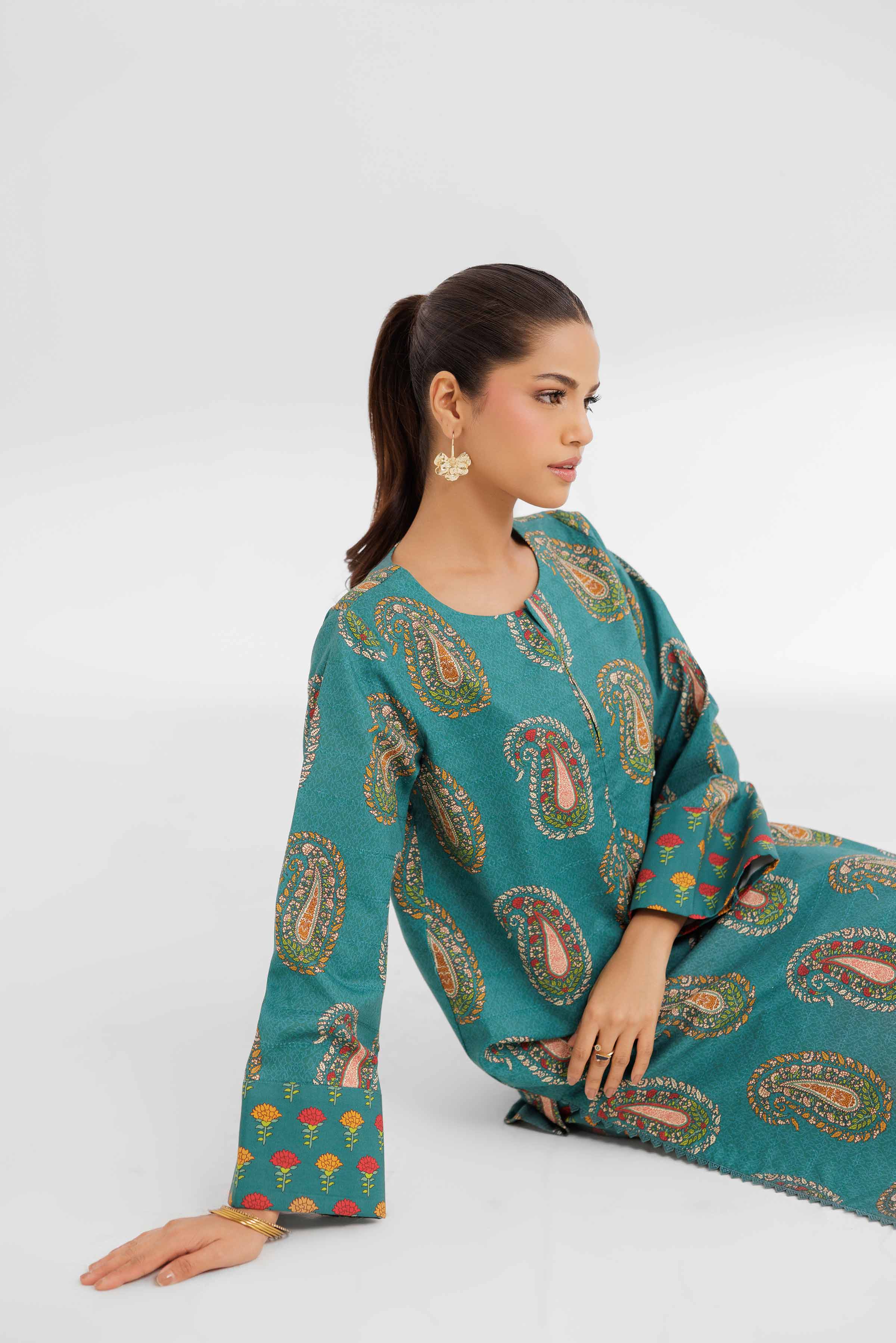 NISHATUAE - Teal Printed Lawn 2-piece Unstitched Dress