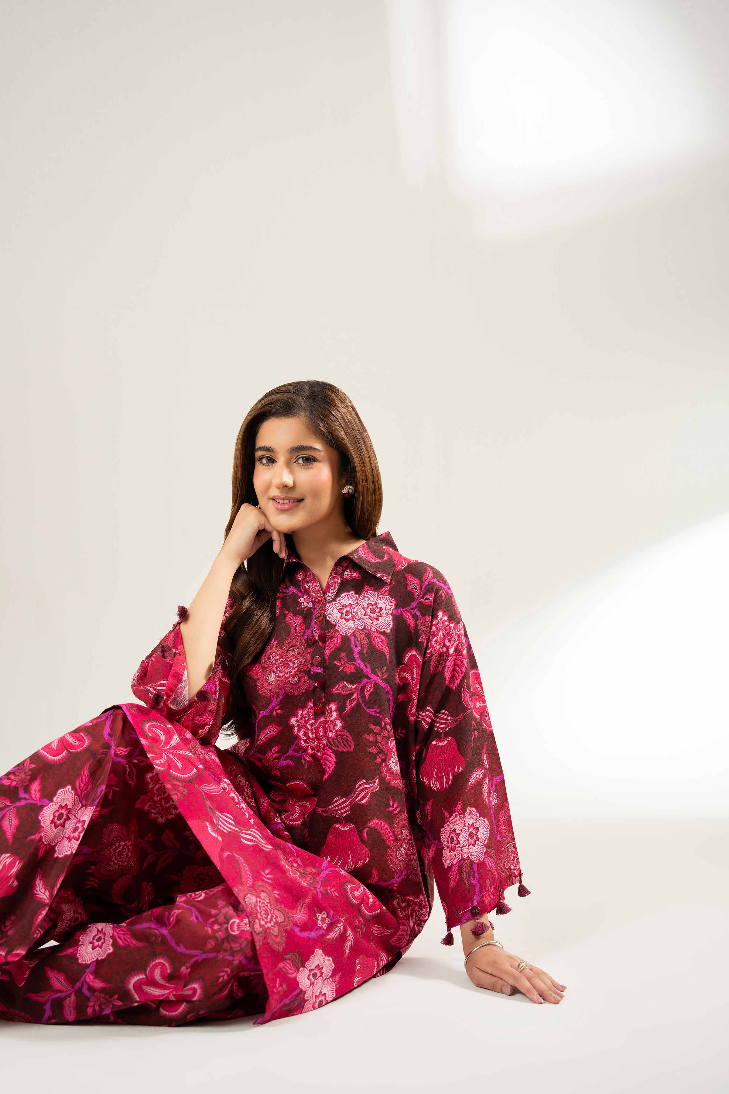 NISHATUAE - Maroon Printed Viscose 2-piece Unstitched Dress