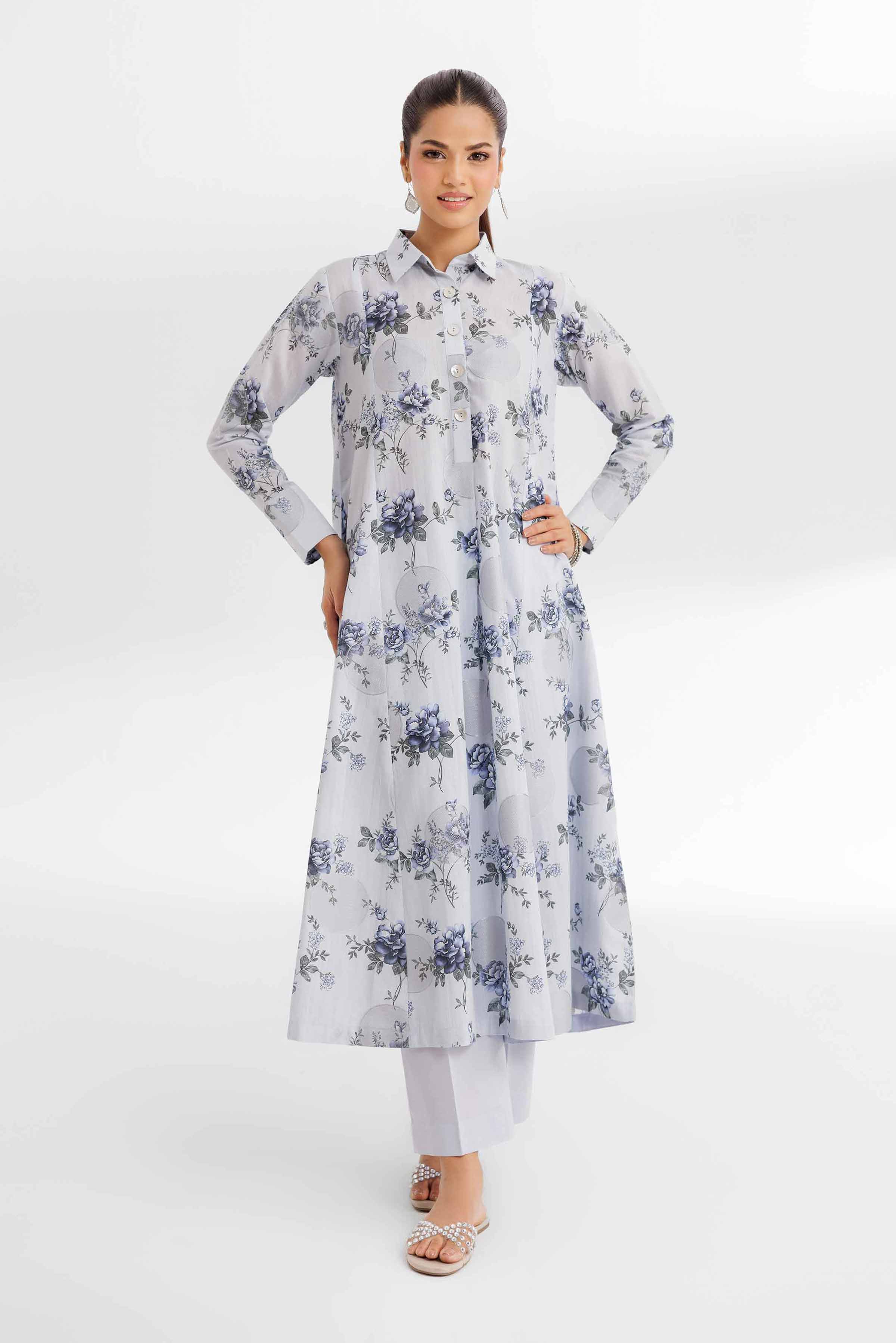 NISHATUAE - Blue Printed Jacquard 2-piece Unstitched Dress