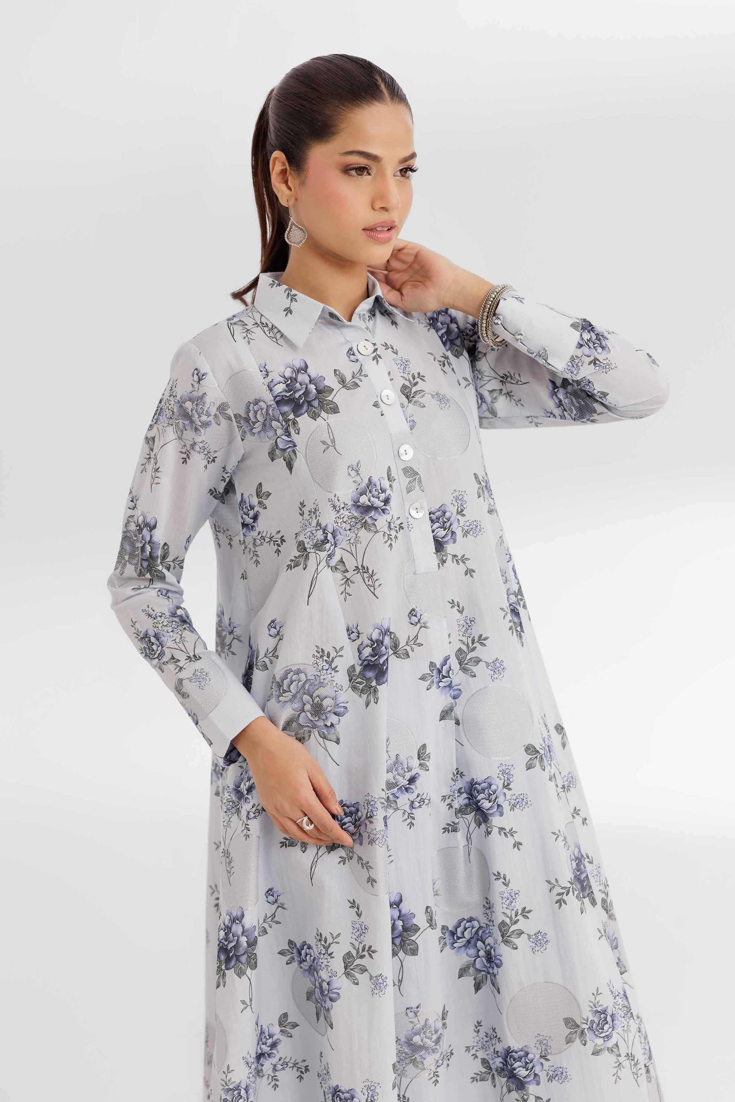 NISHATUAE - Blue Printed Jacquard 2-piece Unstitched Dress