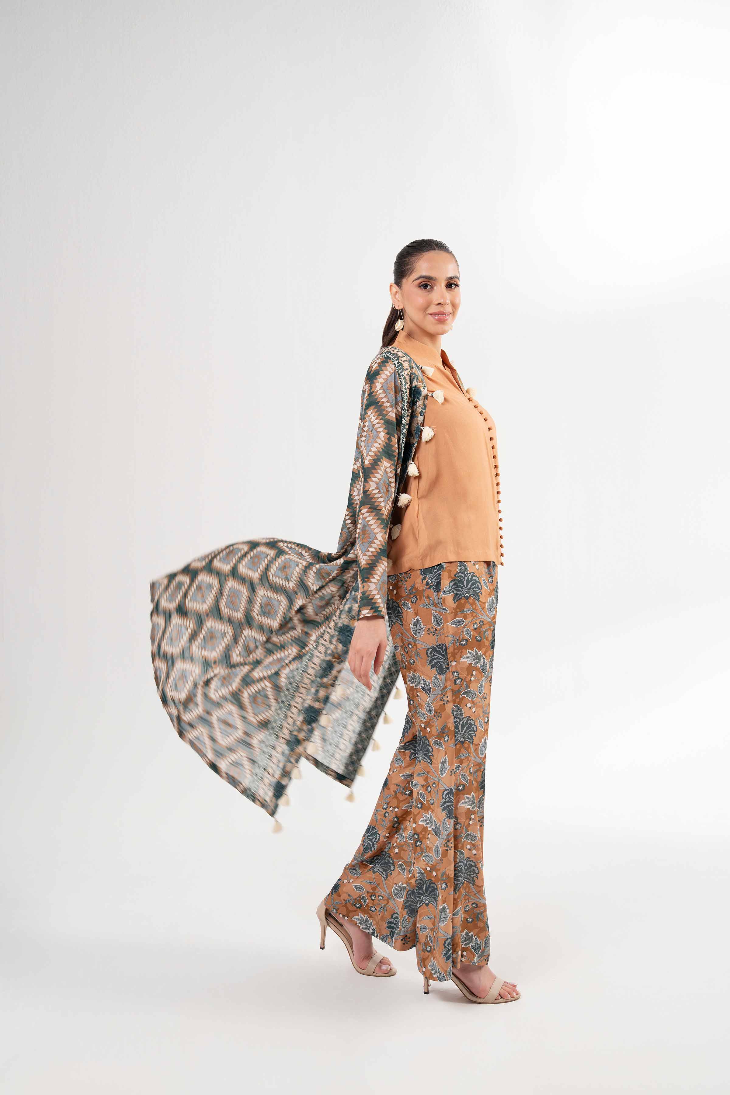 NISHATUAE - Brown Printed Lawn 3-piece Unstitched Suit