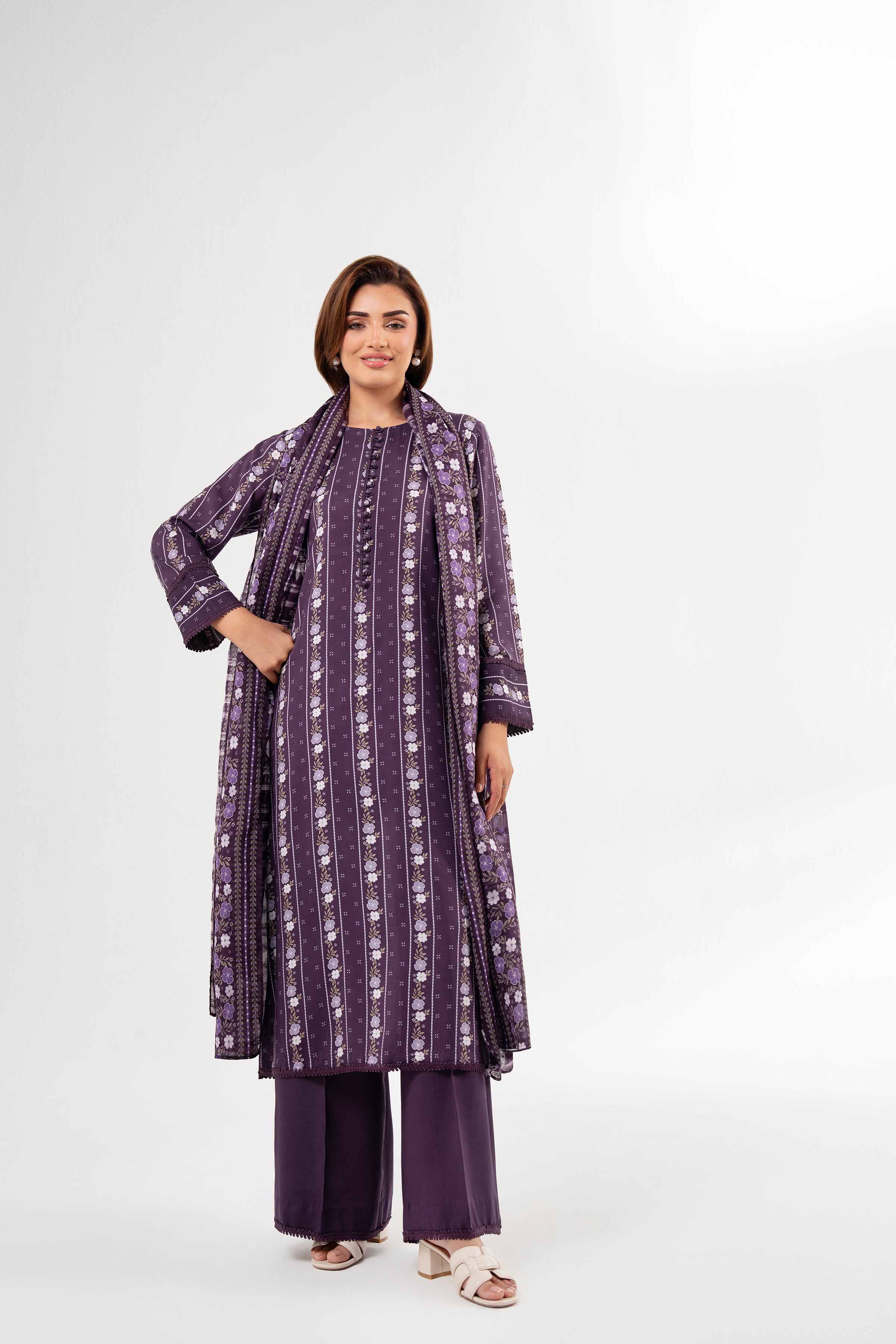 NISHATUAE - Purple Printed Lawn 3-piece Unstitched Suit