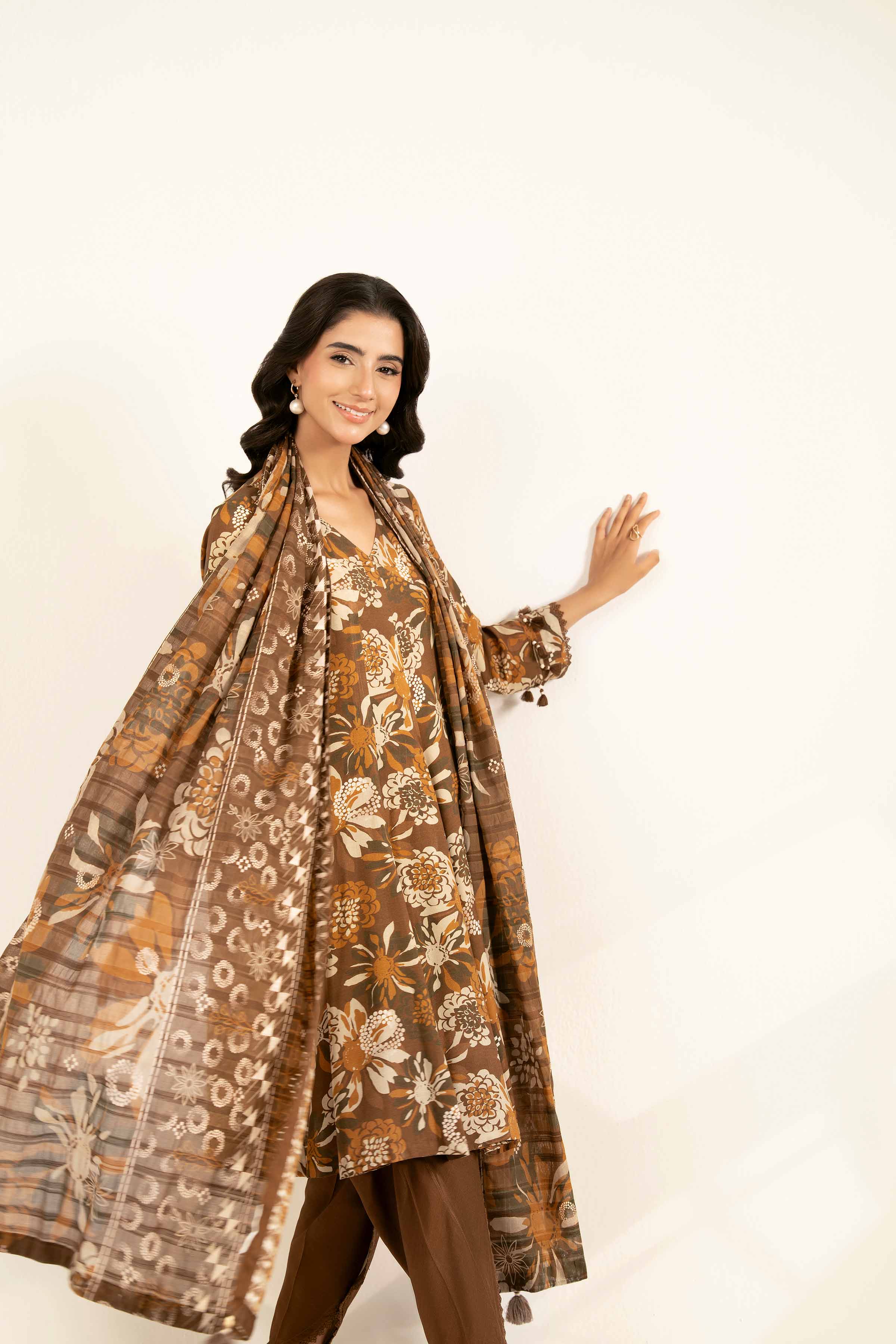 NISHATUAE - Brown Printed Lawn 3-piece Unstitched Suit