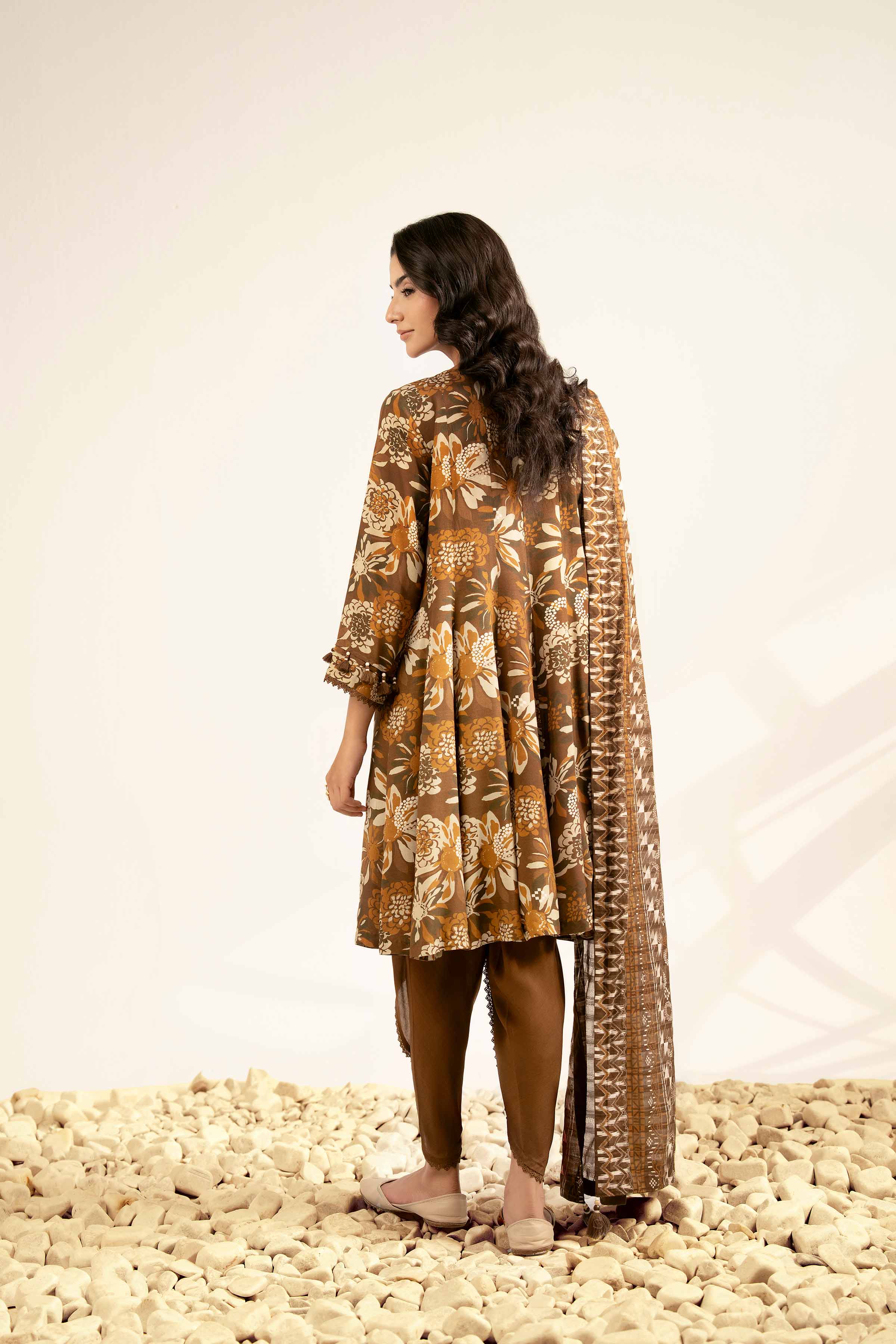 NISHATUAE - Brown Printed Lawn 3-piece Unstitched Suit