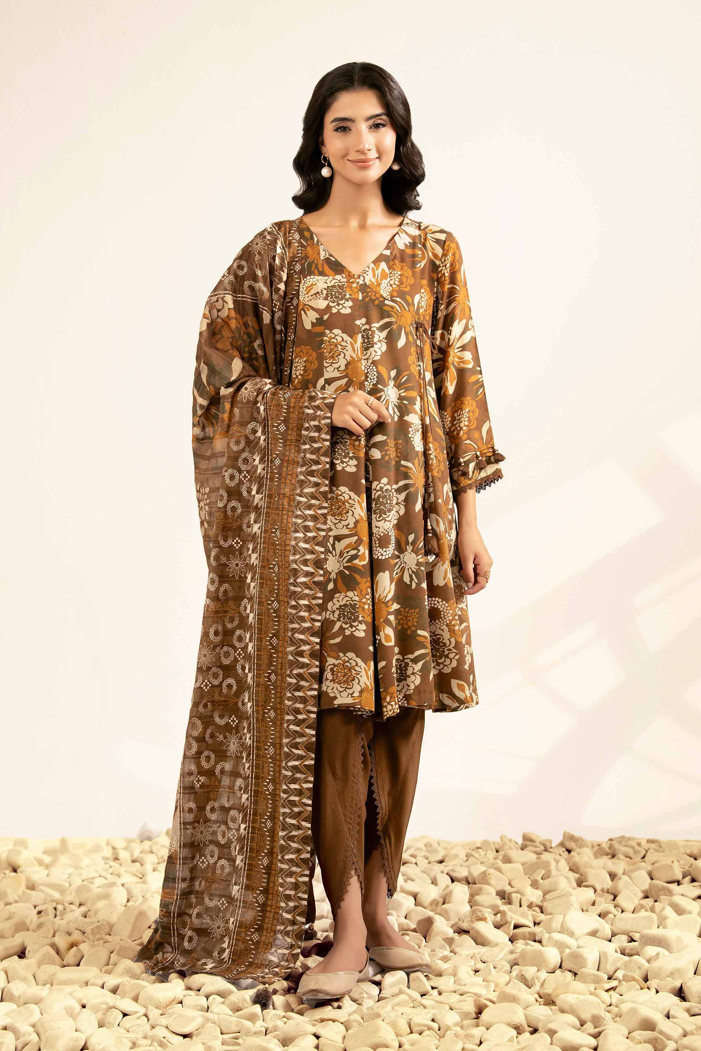 NISHATUAE - Brown Printed Lawn 3-piece Unstitched Suit