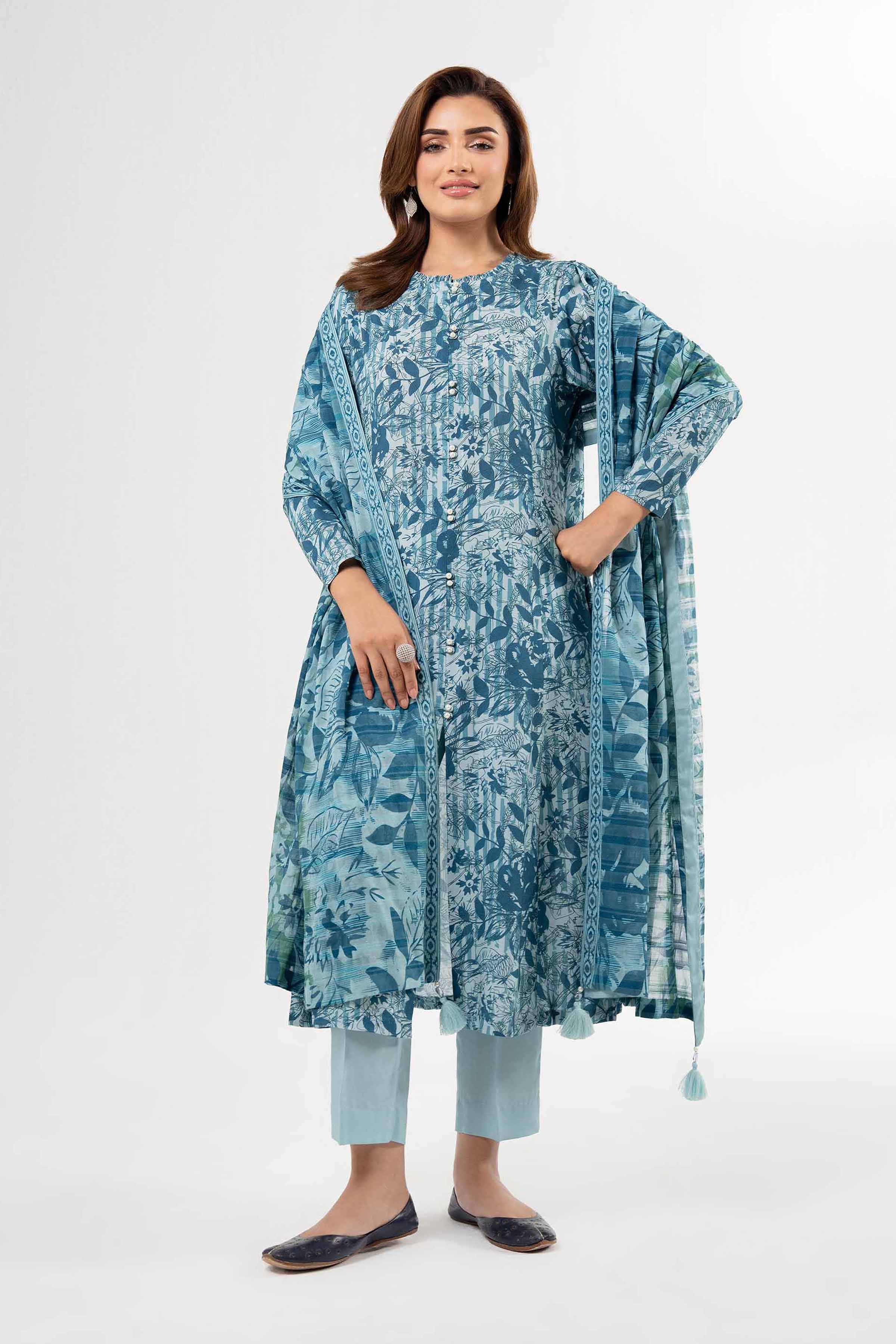 NISHATUAE - Blue Printed Lawn 3-piece Unstitched Suit