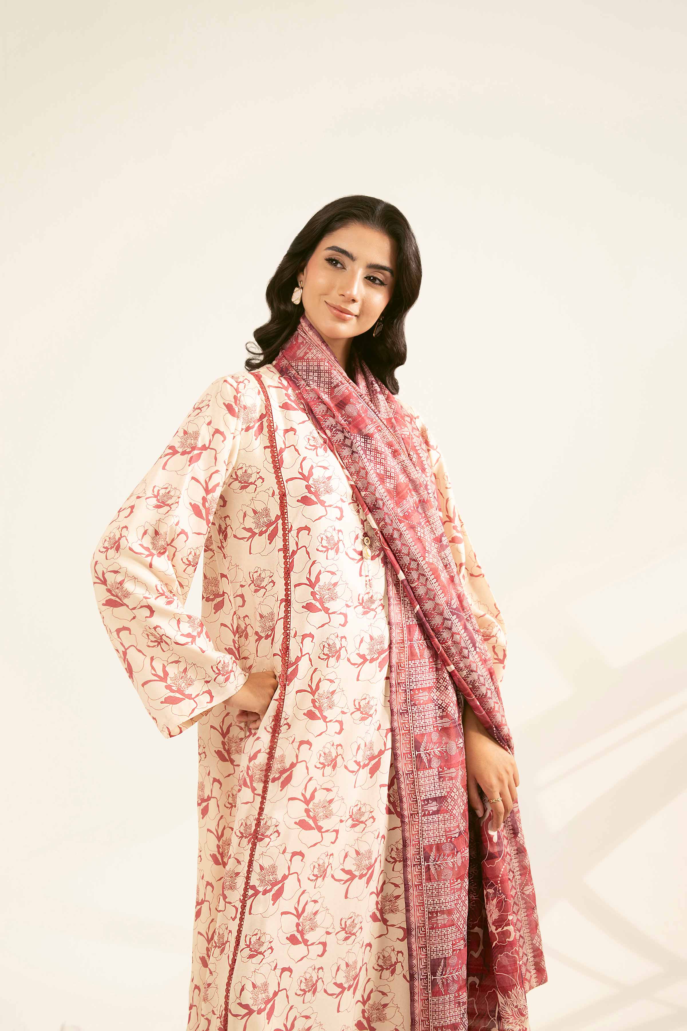 NISHATUAE - Beige Printed Lawn 3-piece Unstitched Suit
