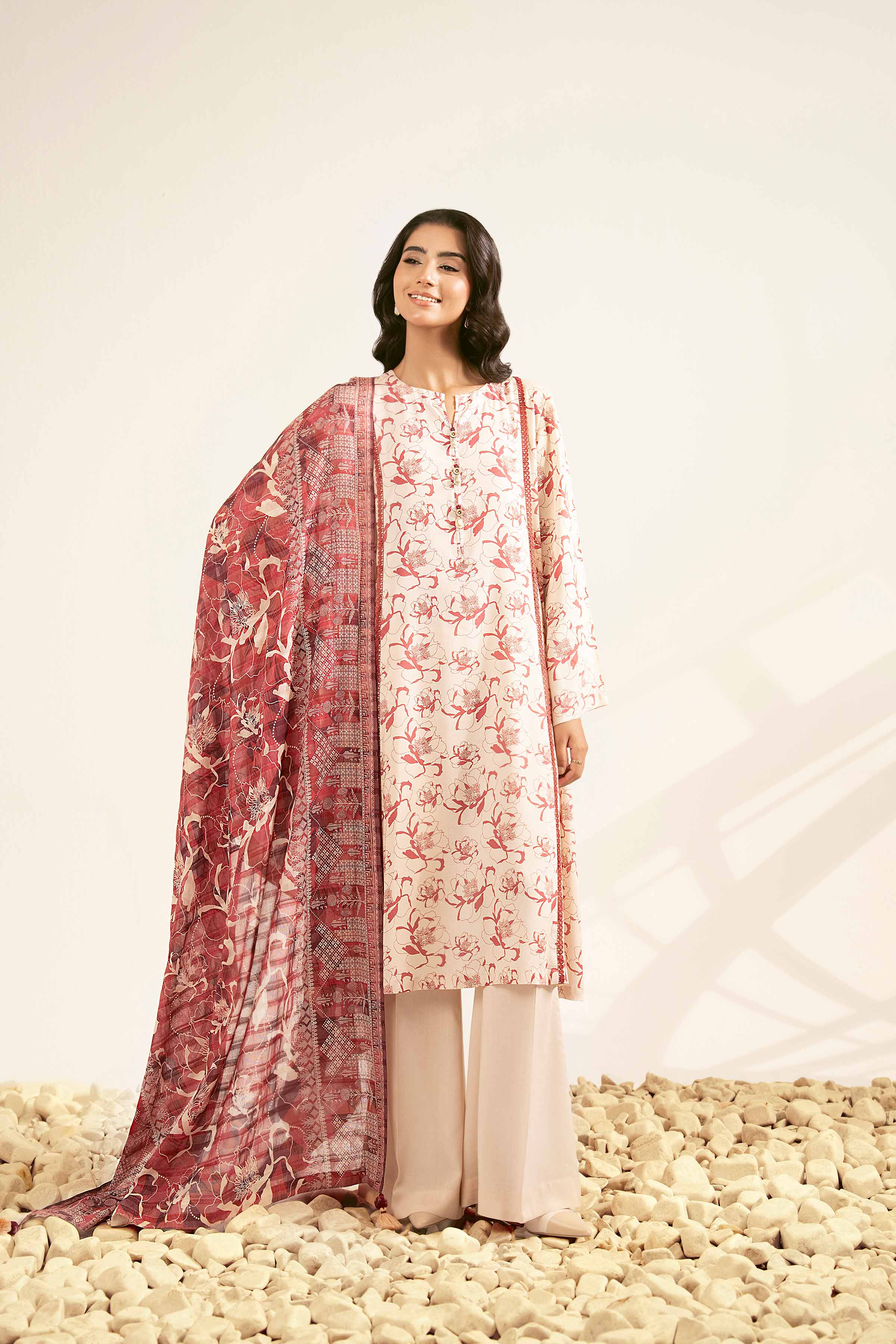 NISHATUAE - Beige Printed Lawn 3-piece Unstitched Suit